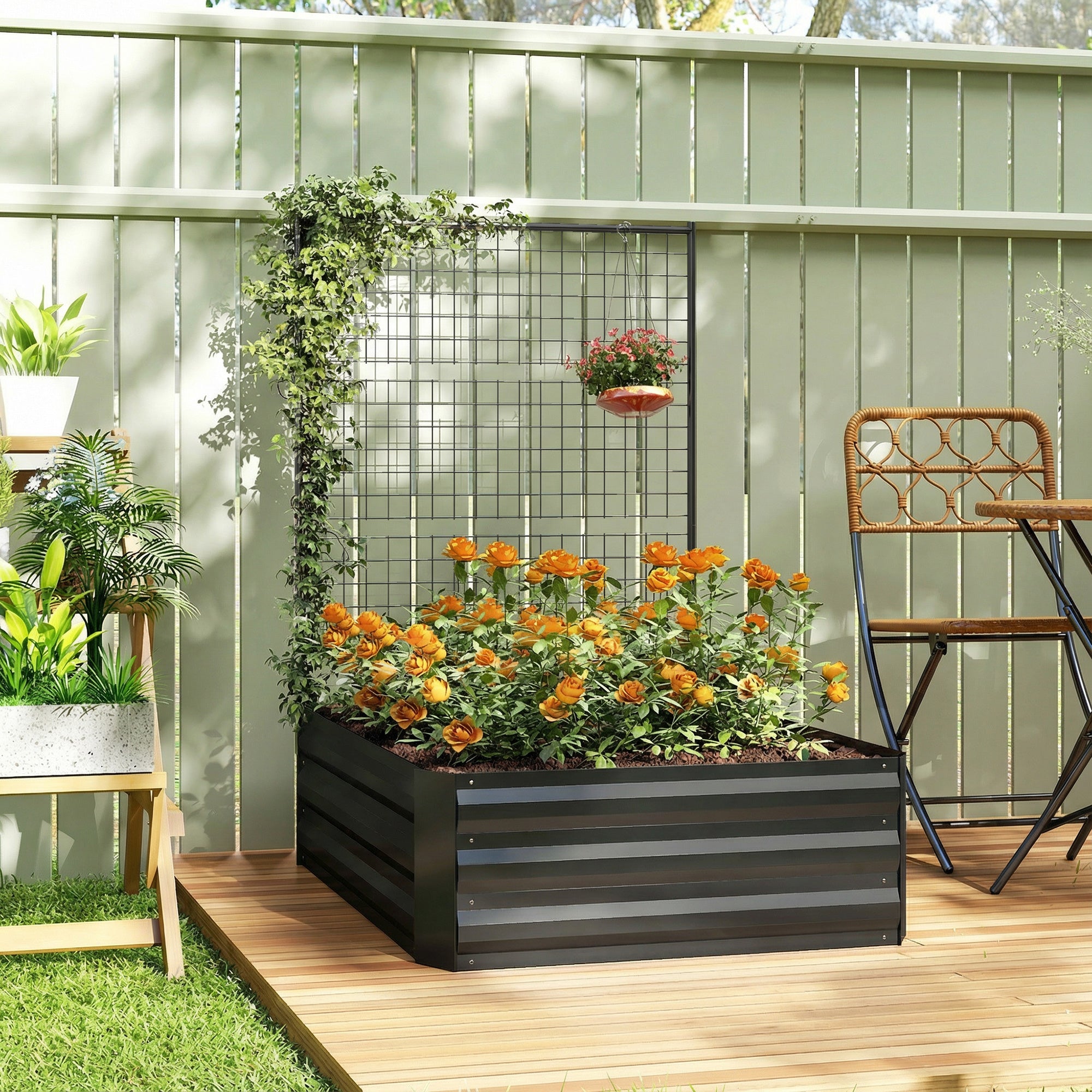 Galvanized Raised Garden Bed with Trellis for Climbing Plants, Outdoor Planter Box with Open Bottom, Black