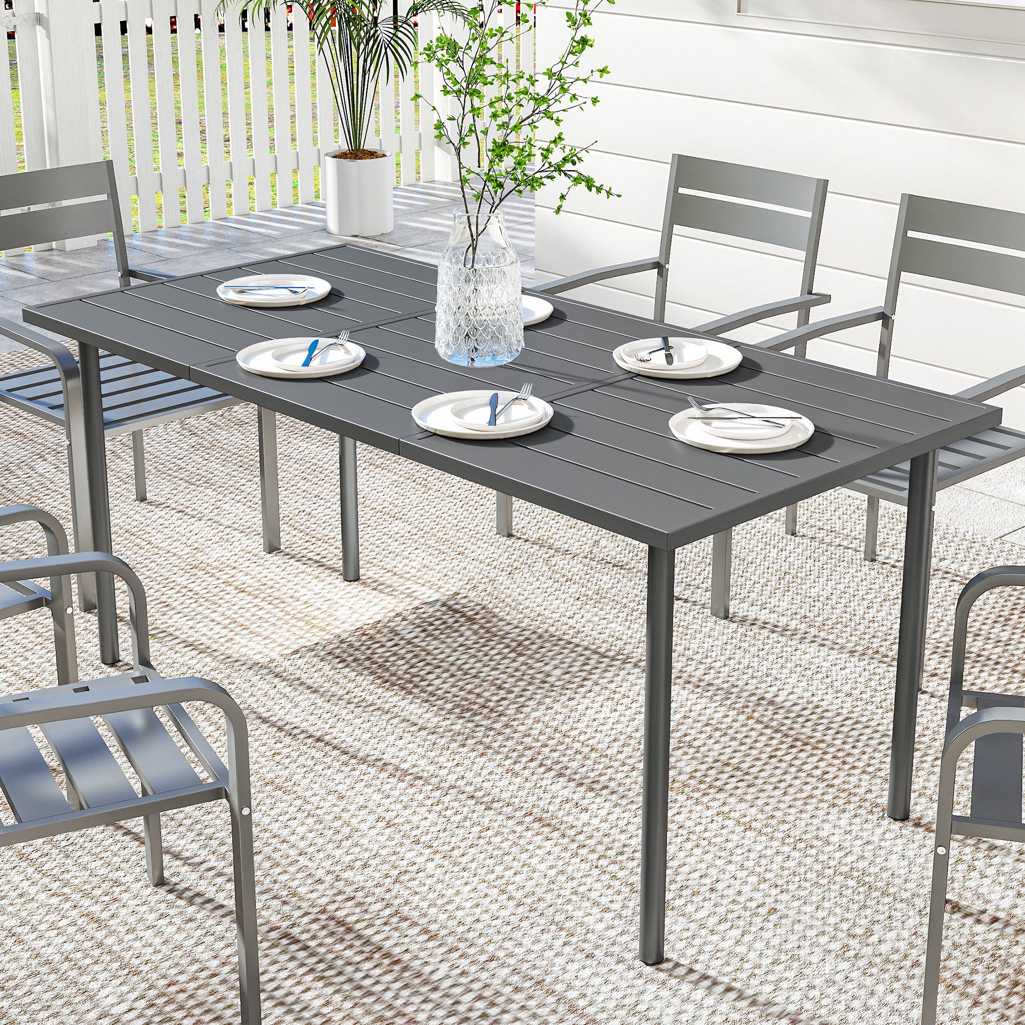 65" x 31.5" Outdoor Dining Table for 6, Metal Rectangular Patio Dining Table with Metal Slatted Top