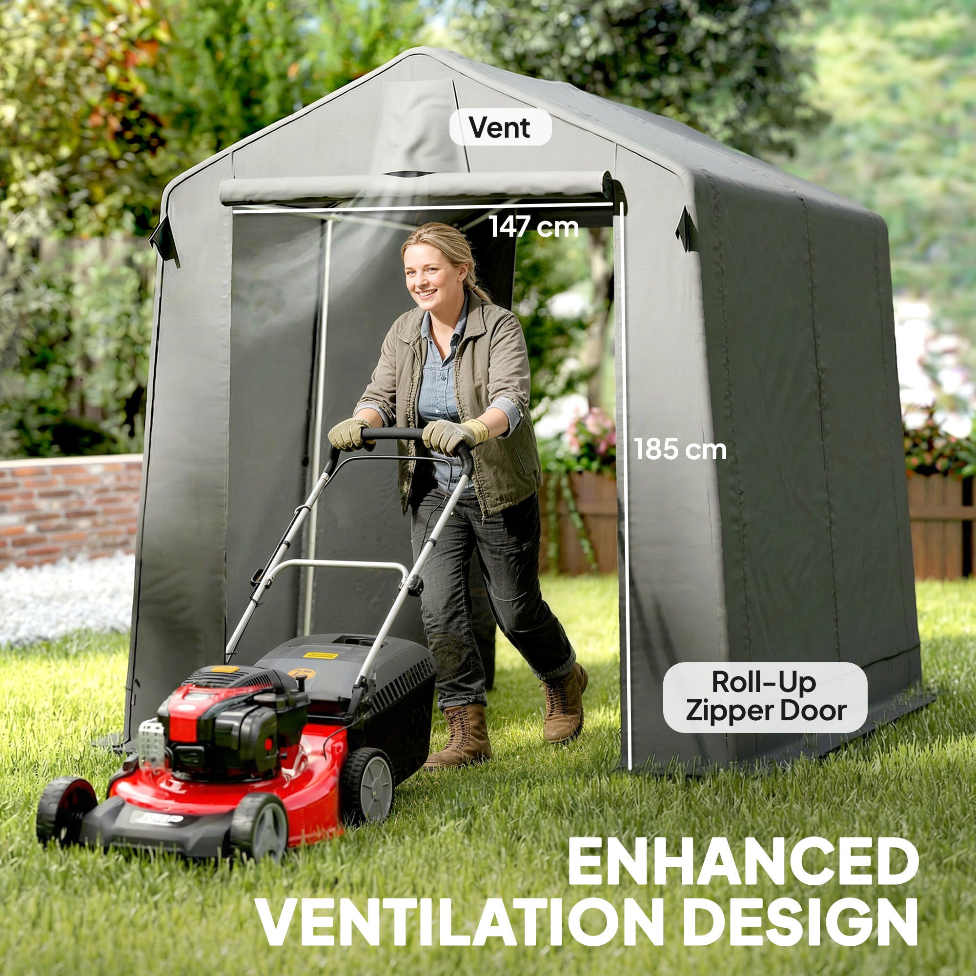 7.5' x 6.2' Portable Shed, Waterproof Bike Tent with Roll-up Zipper Door, Vent and Galvanised Metal Frame, Dark Grey