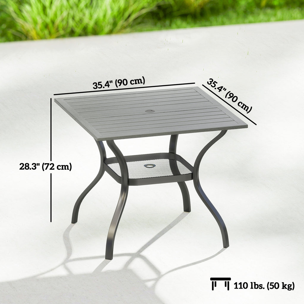 Outdoor Dining Table for 4, Square Patio Table with Umbrella Hole, Shelf, Slatted Faux Wood Steel Top, Grey