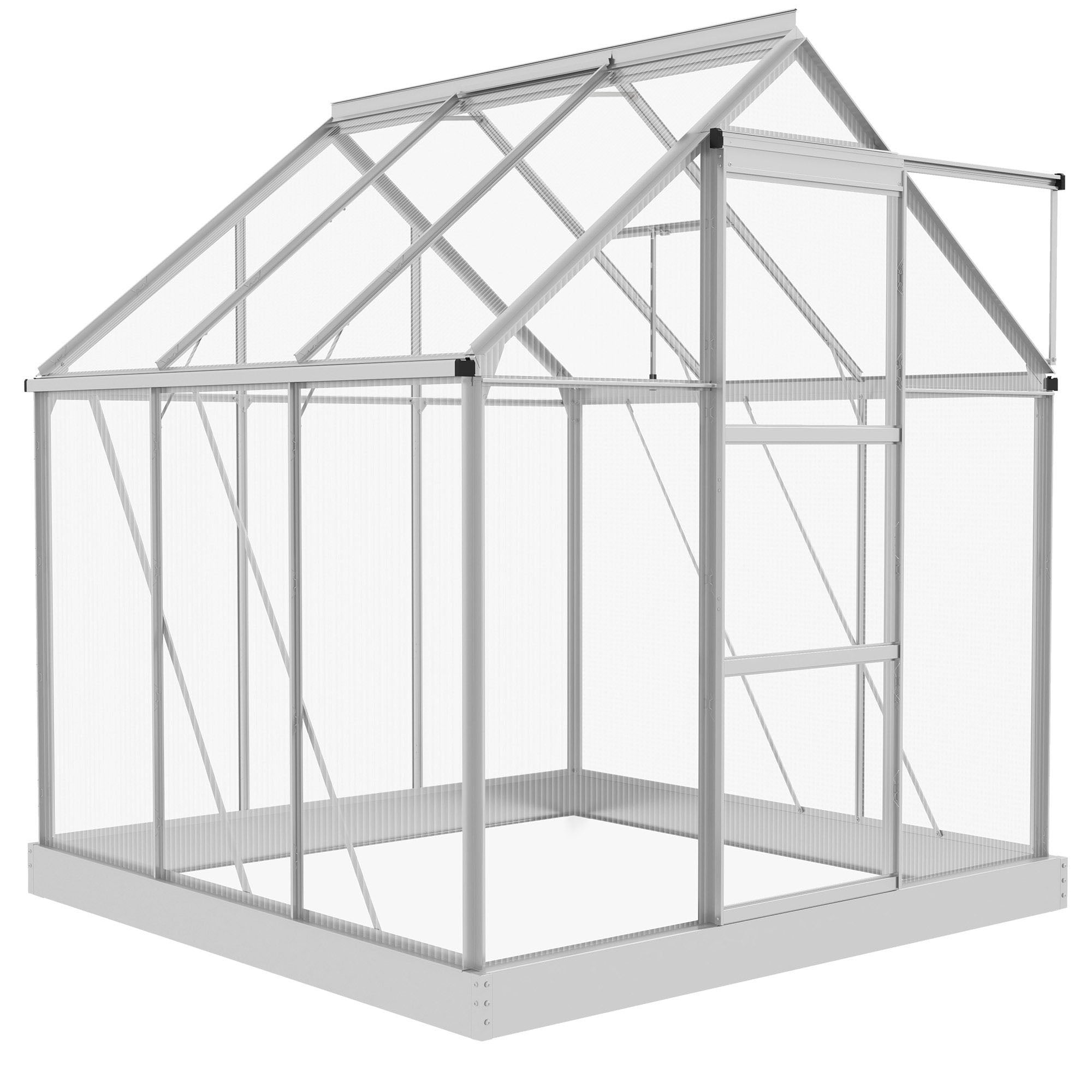 6' x 6' Walk-In Greenhouse, Polycarbonate Greenhouse with Sliding Door, Window, Aluminium Frame, Foundation, Silver