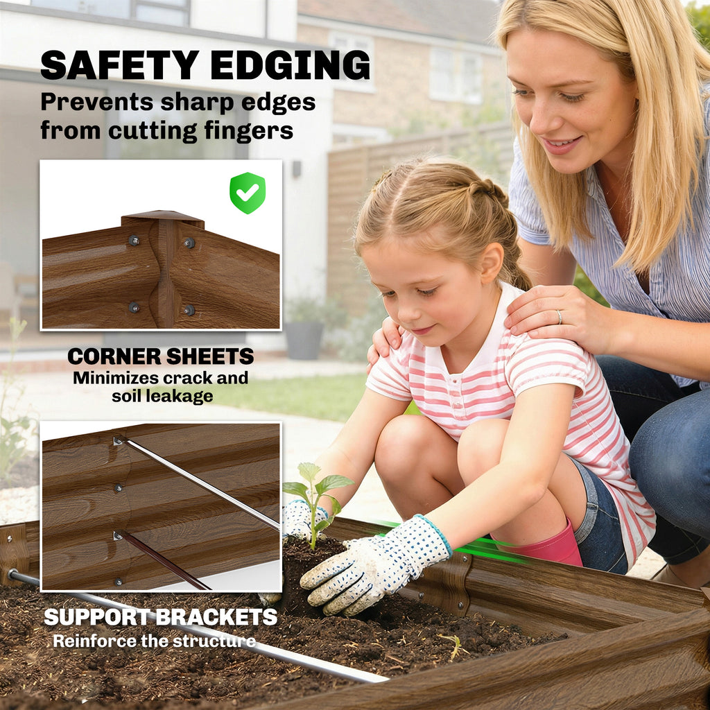 8 x 4 x 1ft Galvanized Raised Garden Bed, Reinforced Outdoor Planter Box with Open Bottom, Distressed Brown