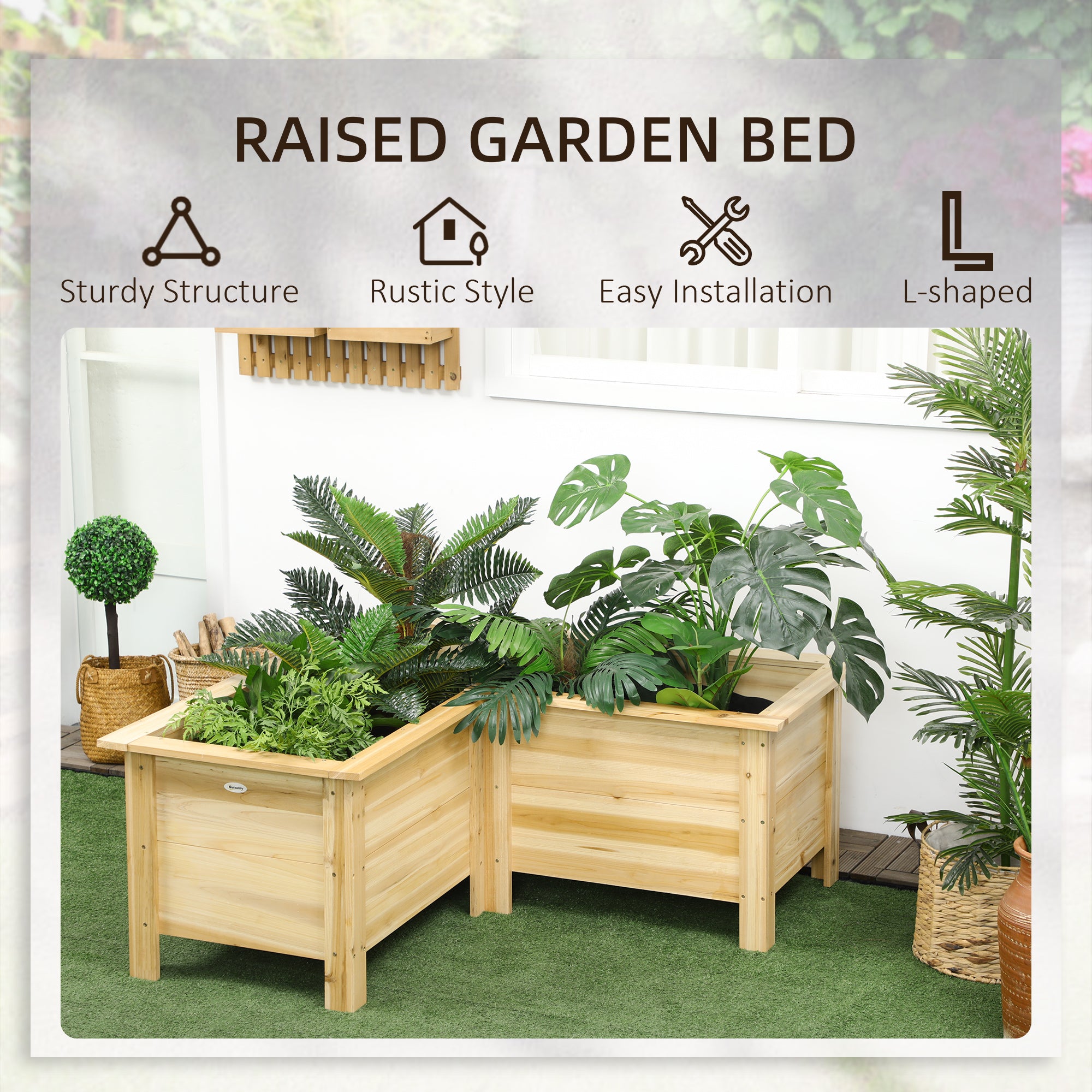 Raised Garden Bed, 47.2" x 47.2" x 19.7" Wooden Elevated Planter Box Outdoor with Legs, for Vegetables, Flowers, Herbs, L-shaped, Natural