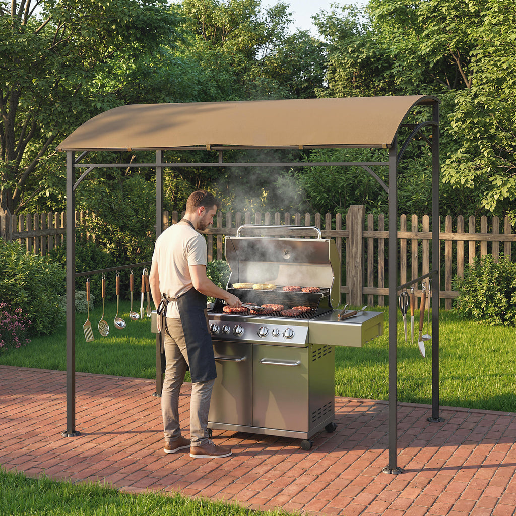 7' x 5' Garden Grill Canopy, BBQ Grill Gazebo Tent with Steel Frame and Hooks, Outdoor Sun Shade, Dark Coffee