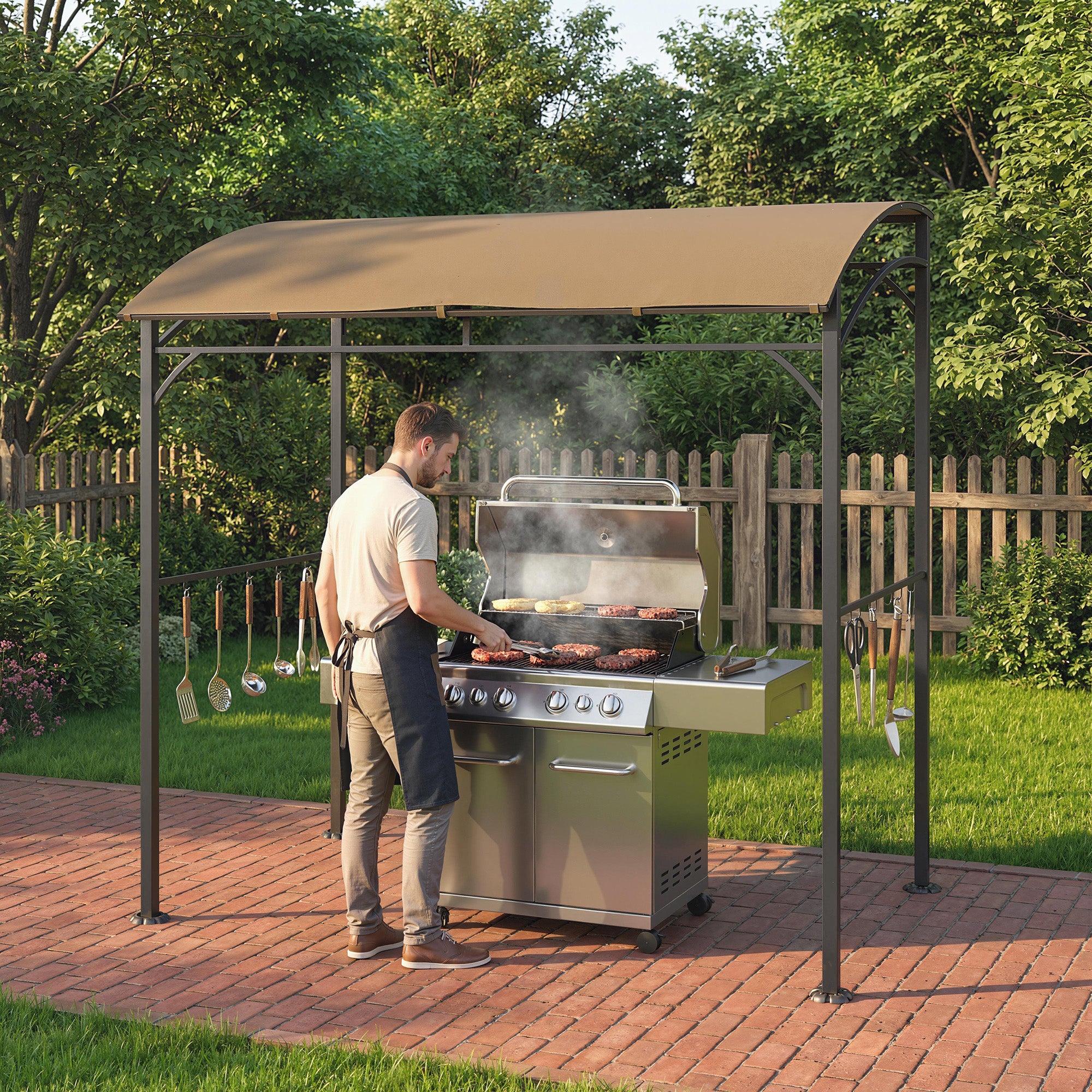7' x 5' Garden Grill Canopy, BBQ Grill Gazebo Tent with Steel Frame and Hooks, Outdoor Sun Shade, Dark Coffee
