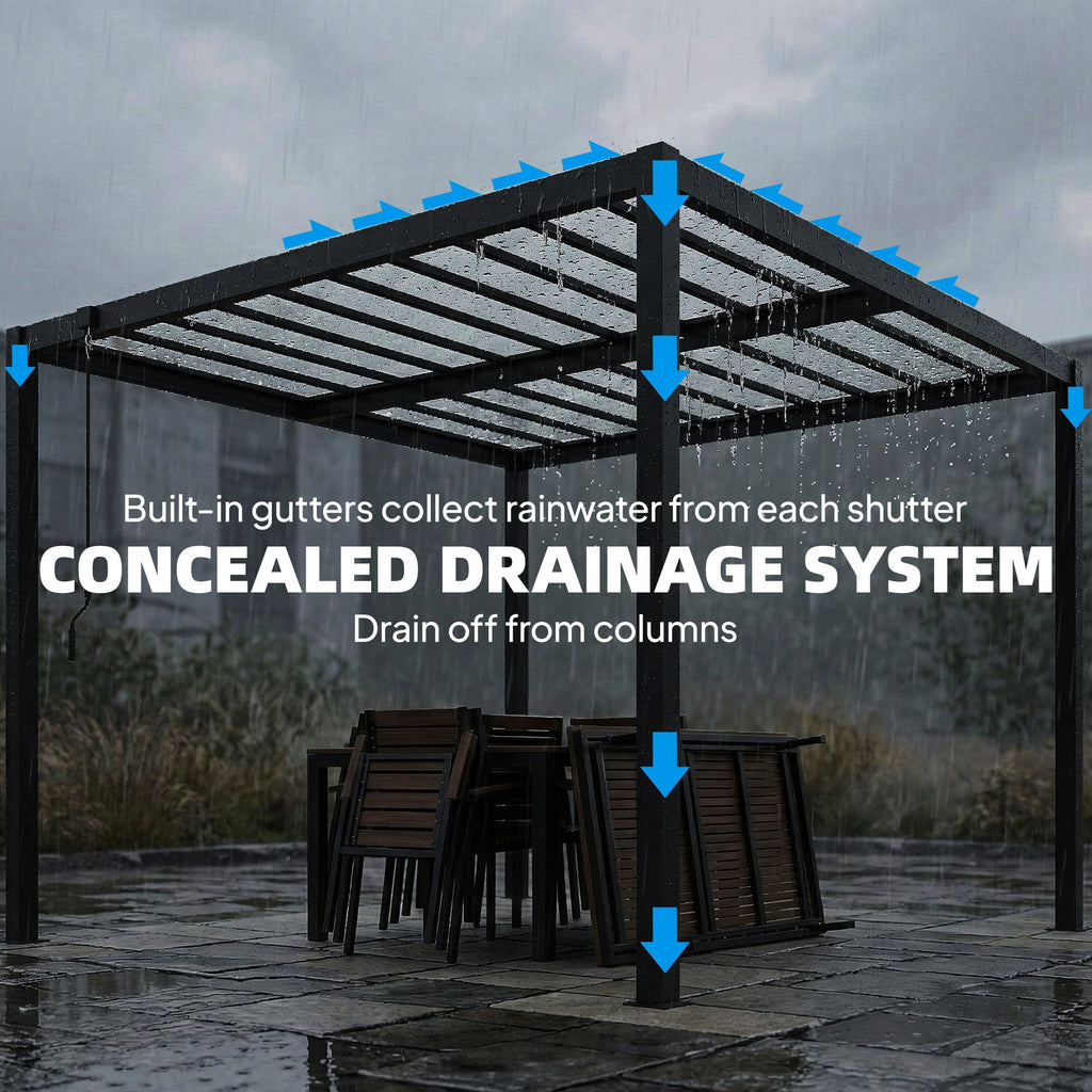 9.5 x 10 ft Louvered Pergola with PC Roof, Aluminium Outdoor Pergola Gazebo with Drainage Gutters, Handle, Clear
