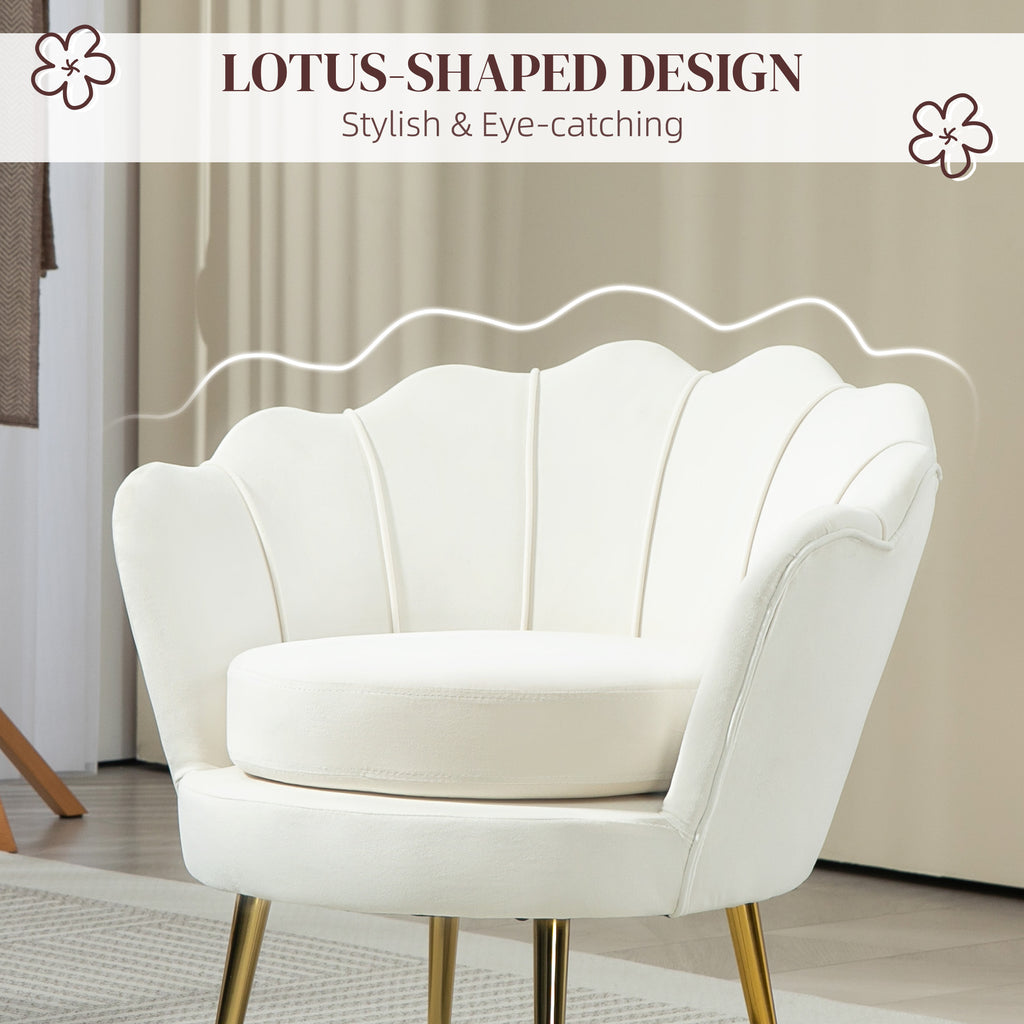 Modern Accent Chair, Velvet-Touch Fabric Leisure Club Chair with Gold Metal Legs for Bedroom, Cream White