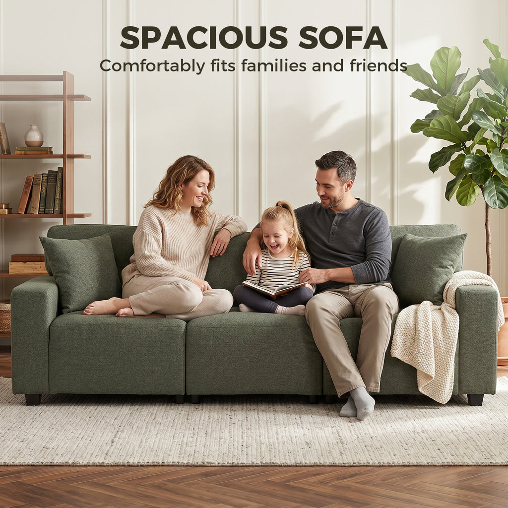 3 Seater Sofa with Storage Pockets, Modern Upholstered Couch with Pocket Springs, Green