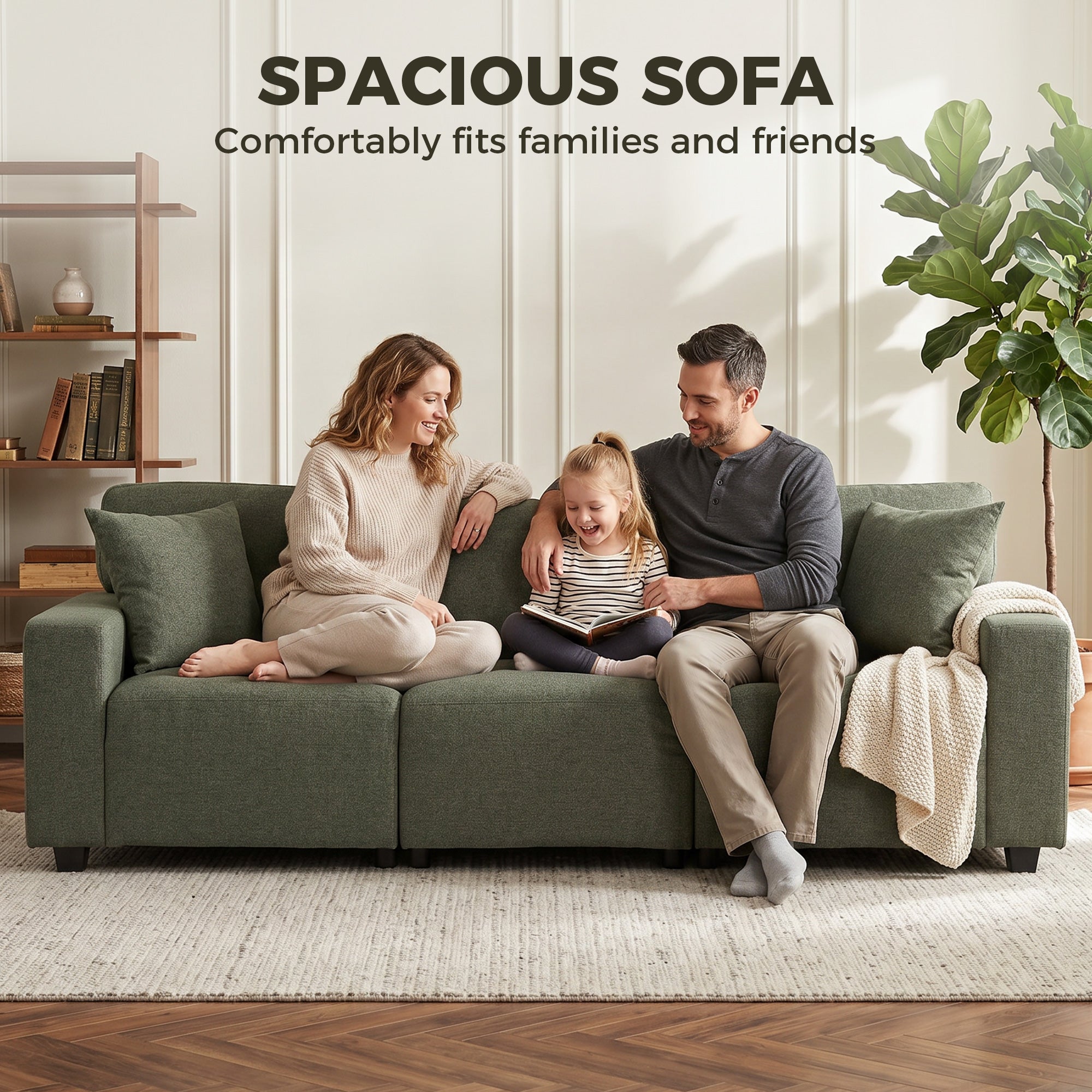 3 Seater Sofa with Storage Pockets, Modern Upholstered Couch with Pocket Springs, Green