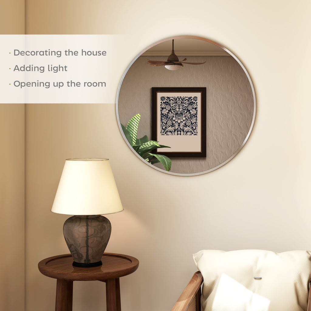 24" Decorative Wall Mirror for Bedroom Living Room, Modern Round Bathroom Mirror for Home Decor, Silver