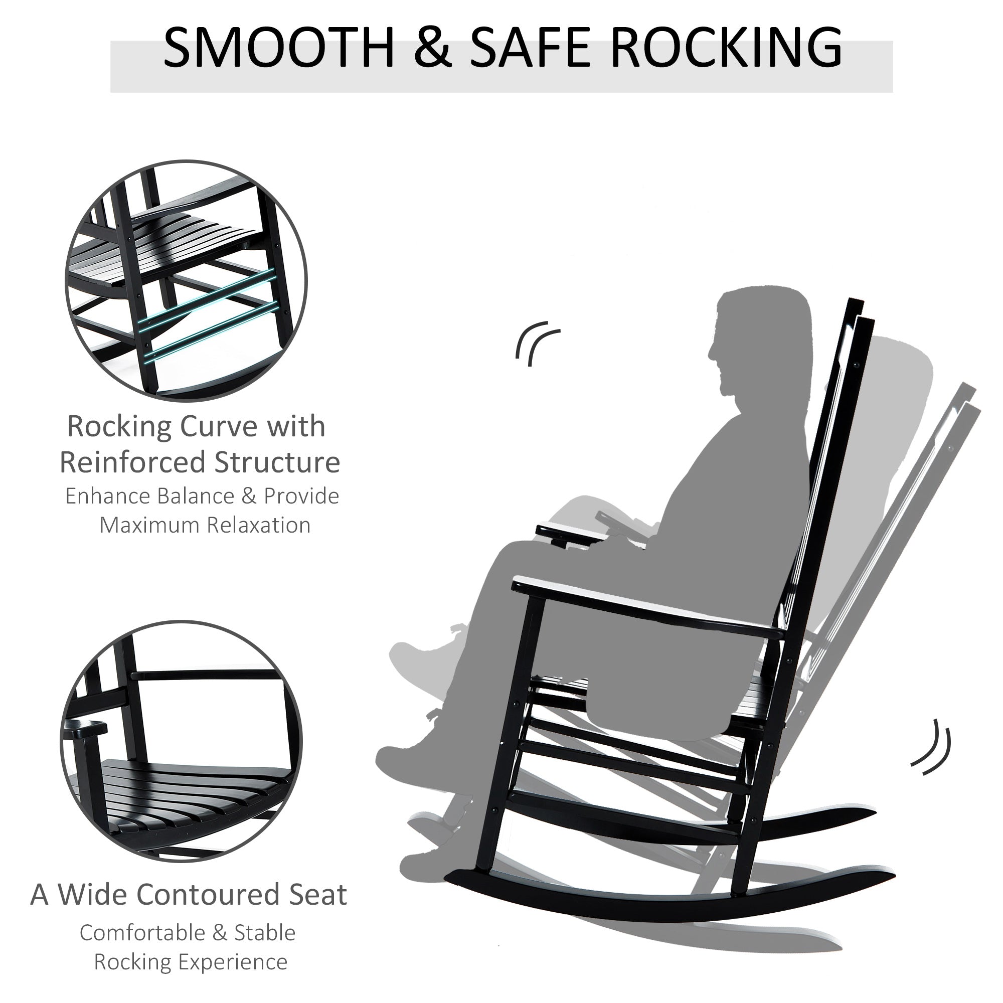 Wooden Porch Rocking Chair Outdoor Patio Rocker Garden Single Leisure Reclining Seat Armchair Black