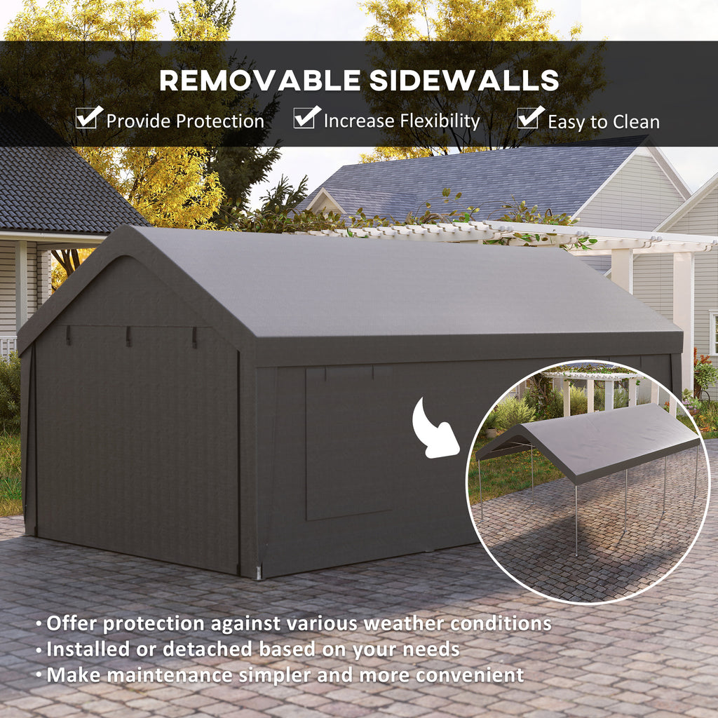 12 x 20ft Carport with 2 Roll-Up Doors, 4 Windows, Portable Garage with Removable Sidewalls for Car, Truck, Dark Grey
