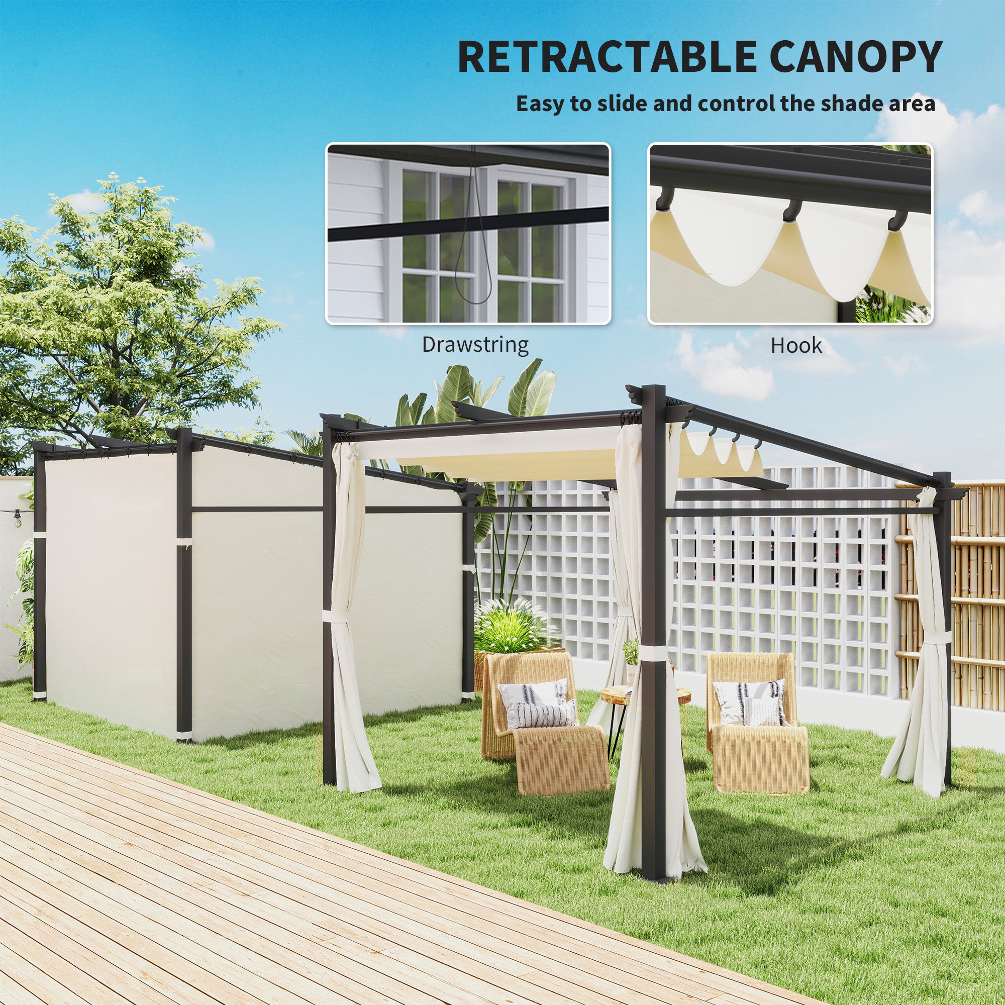 Metal Pergola with Sliding Roof Canopy, Retractable Pergola Canopy, 10' x 10', Beige