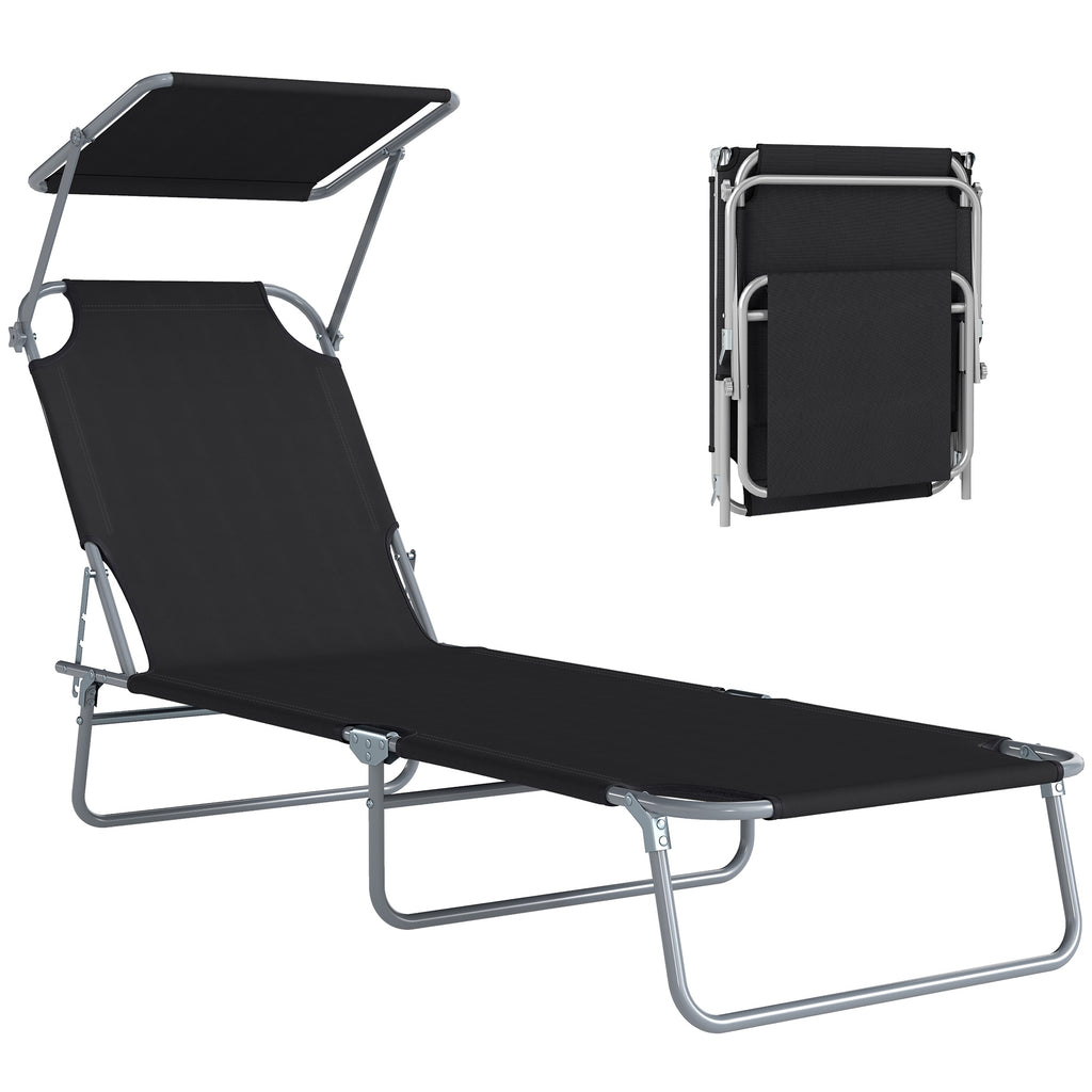 Outdoor Lounge Chair, Adjustable Folding Chaise Lounge, Tanning Chair with Sun Shade for Beach, Camping, Hiking, Backyard, Black