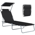 Outdoor Lounge Chair, Adjustable Folding Chaise Lounge, Tanning Chair with Sun Shade for Beach, Camping, Hiking, Backyard, Black