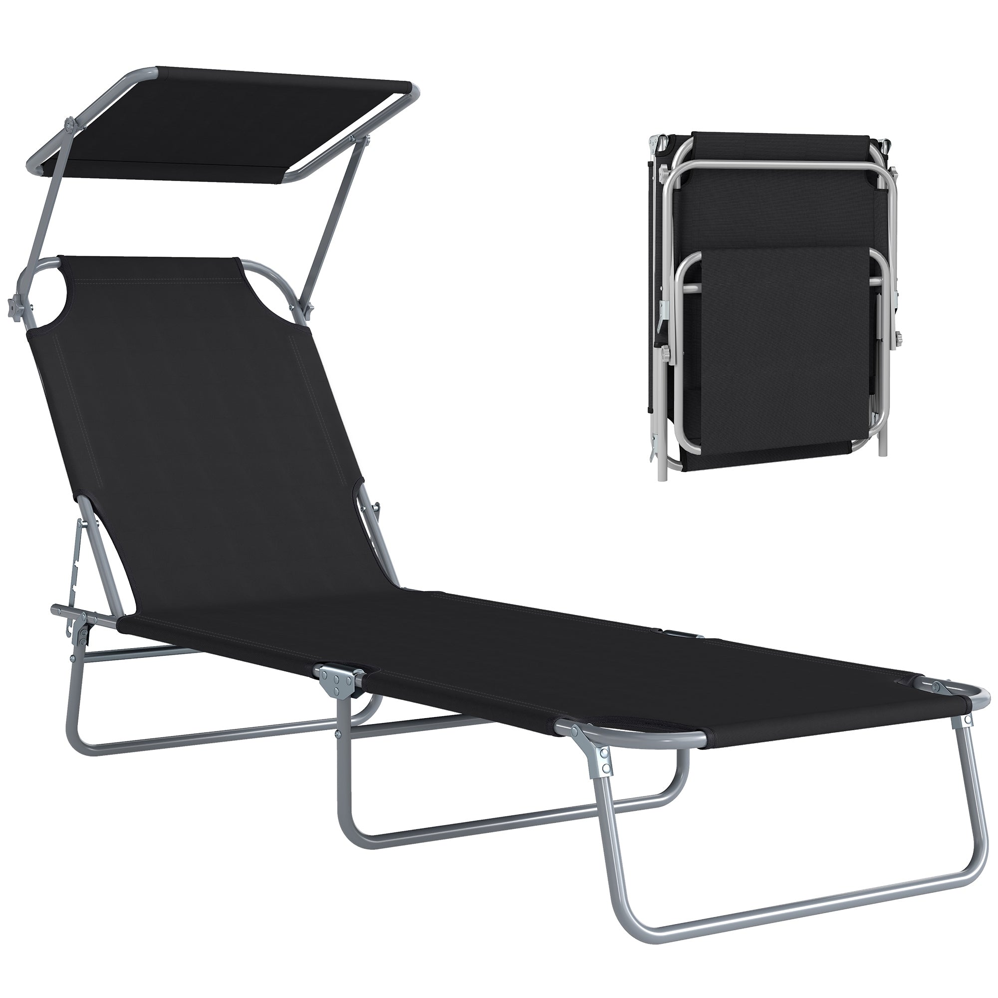 Outdoor Lounge Chair, Adjustable Folding Chaise Lounge, Tanning Chair with Sun Shade for Beach, Camping, Hiking, Backyard, Black