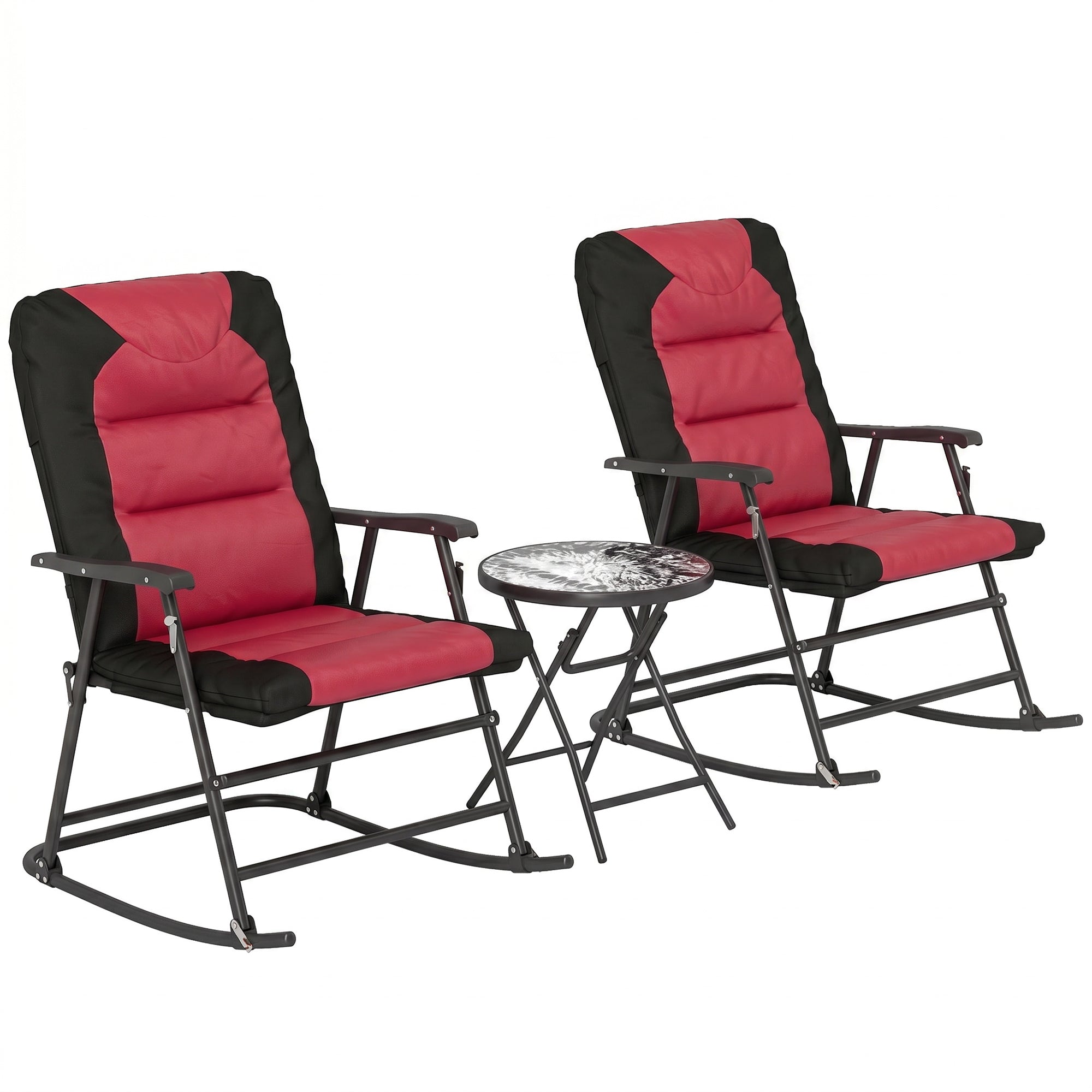3pc Patio Foldable Rocking Chair Set, Outdoor Rocking Chairs and Table Set w/ Padded Seat, Headrest, Backrest for Backyard, Garden, Red
