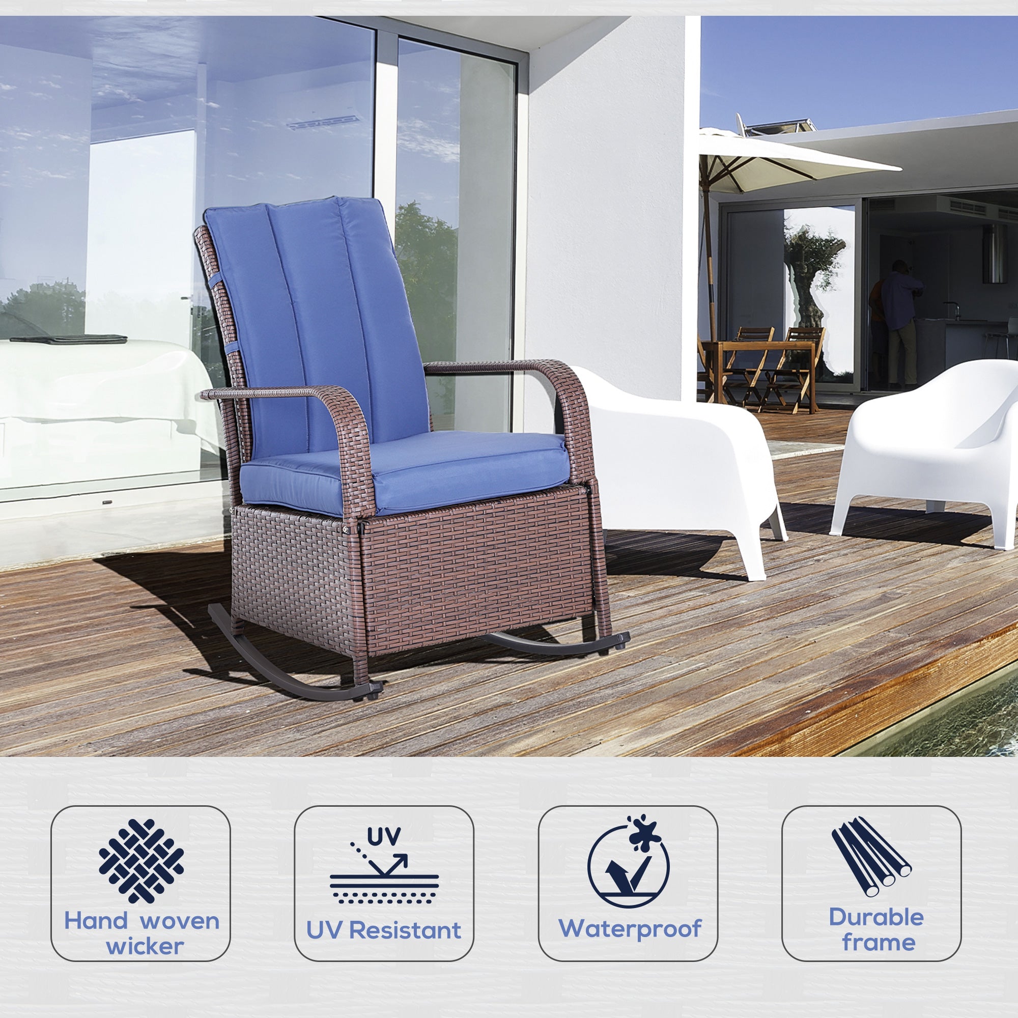 Outdoor Wicker Rocking Chair with Cushion, Patio PE Rattan Recliner Chair with Adjustable Footrest, Armrests, Dark Blue