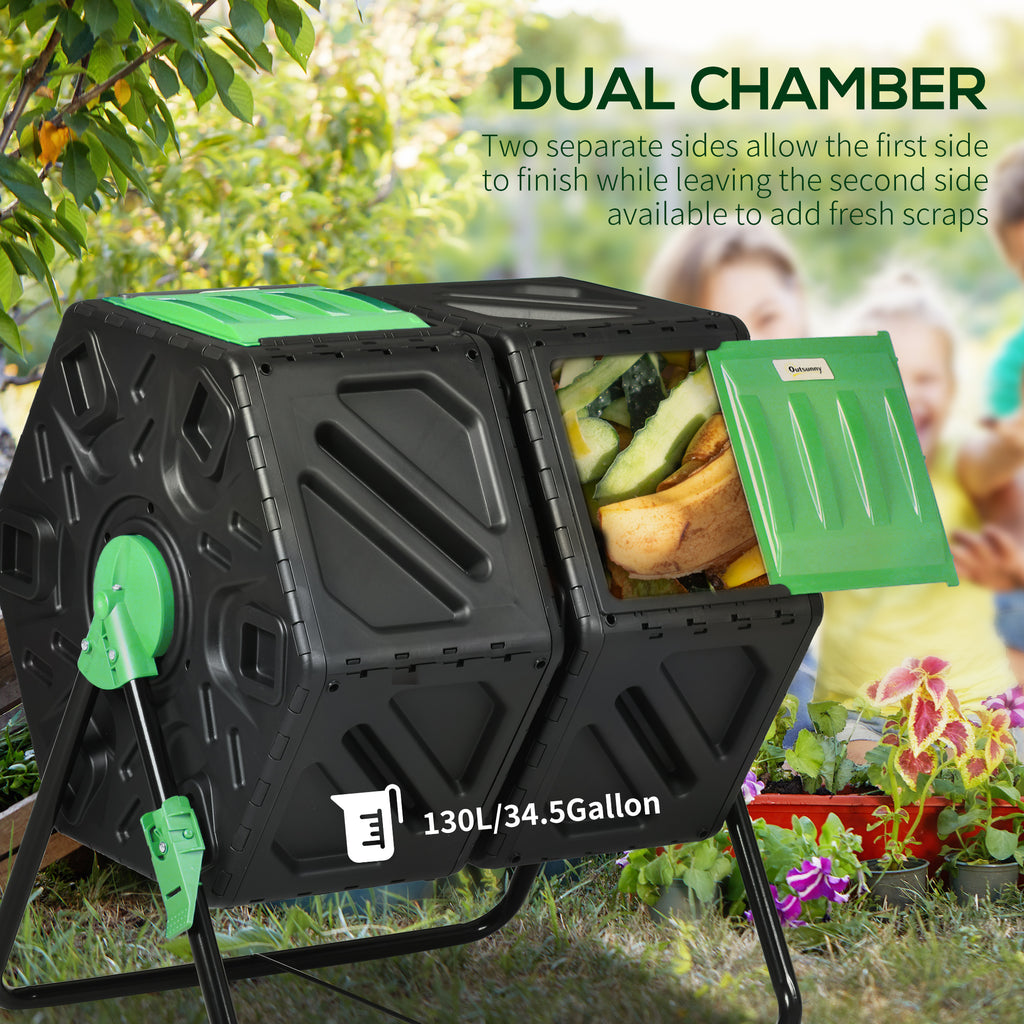 Rotating Composter, Dual Chamber Compost Bin with 24 Vents and Steel Legs, 34.5 Gallon, Green