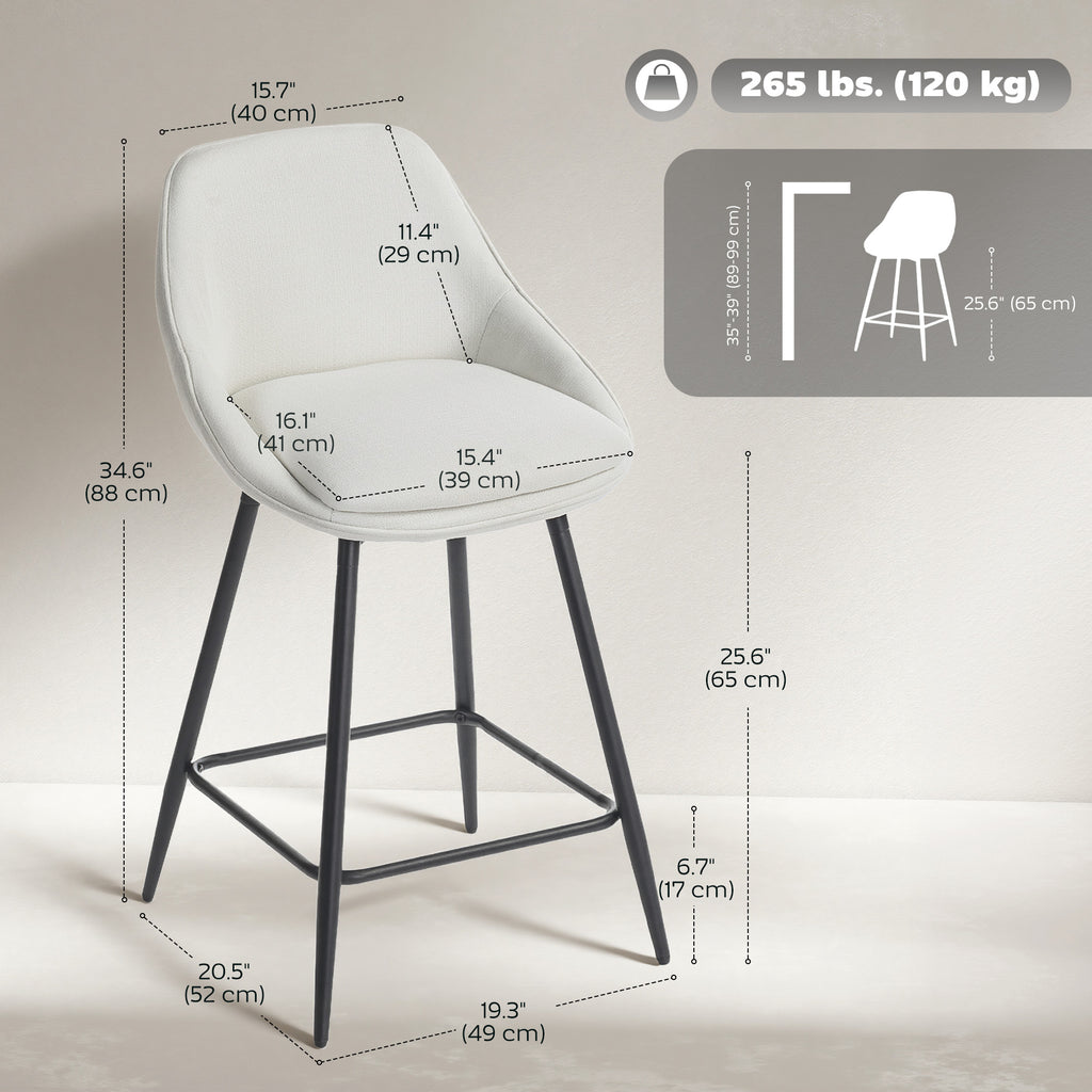 26" Counter Height Barstools Set of 2, Upholstered Swivel Bar Stools with Backrests and Armrests, Cream White