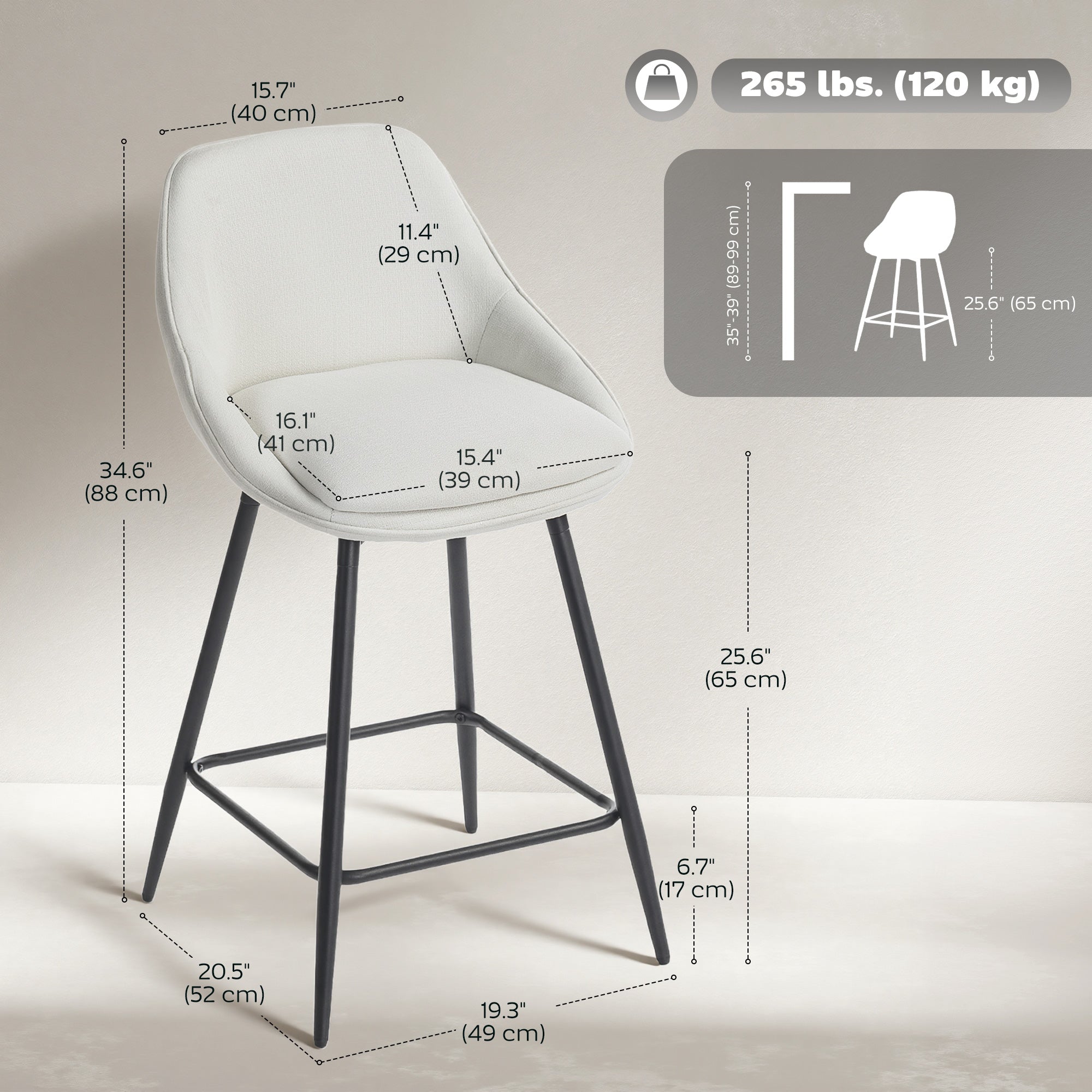 26" Counter Height Barstools Set of 2, Upholstered Swivel Bar Stools with Backrests and Armrests, Cream White