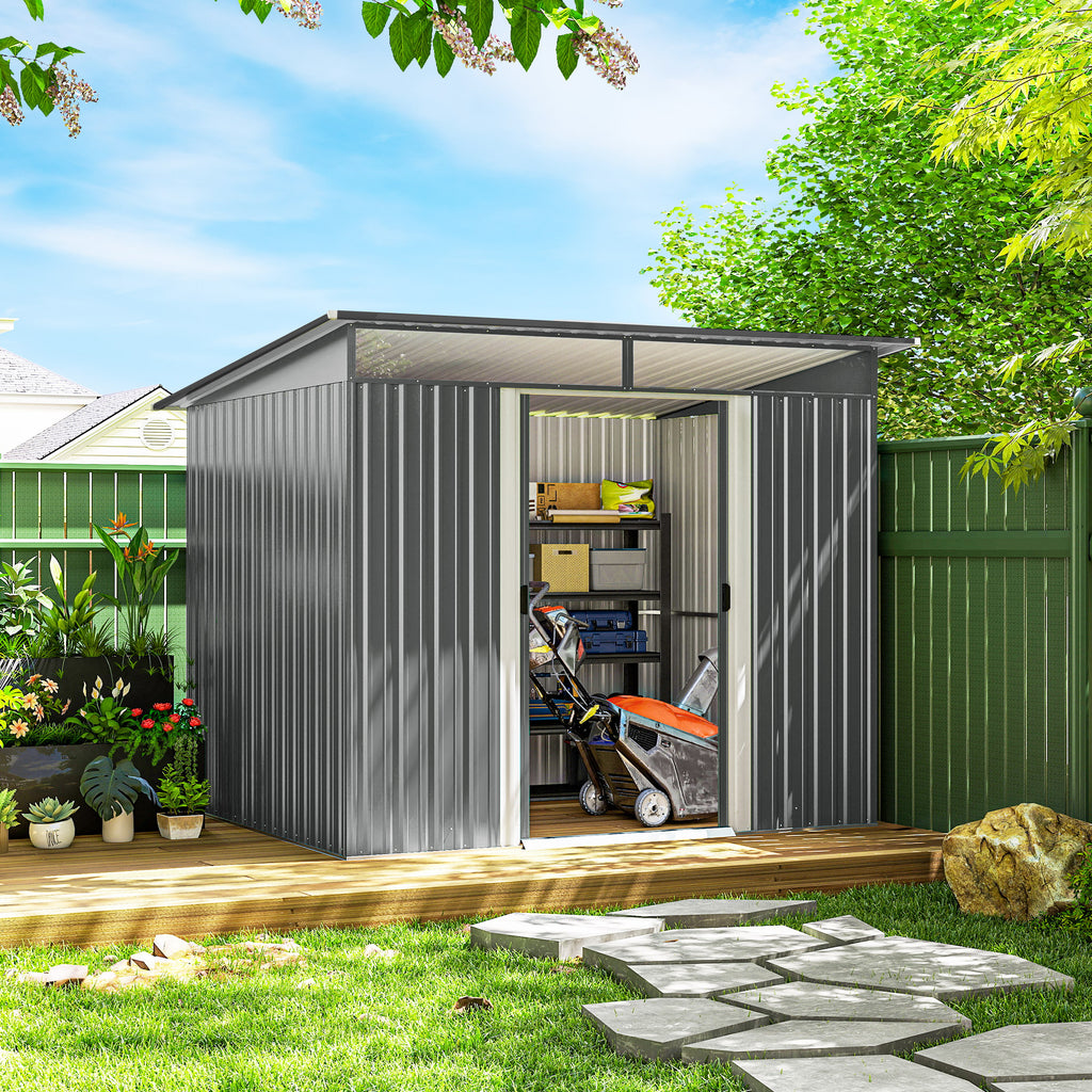 9' x 6.5' Outdoor Metal Garden Shed Utility Tool Storage Steel Backyard Storage House, Light Grey