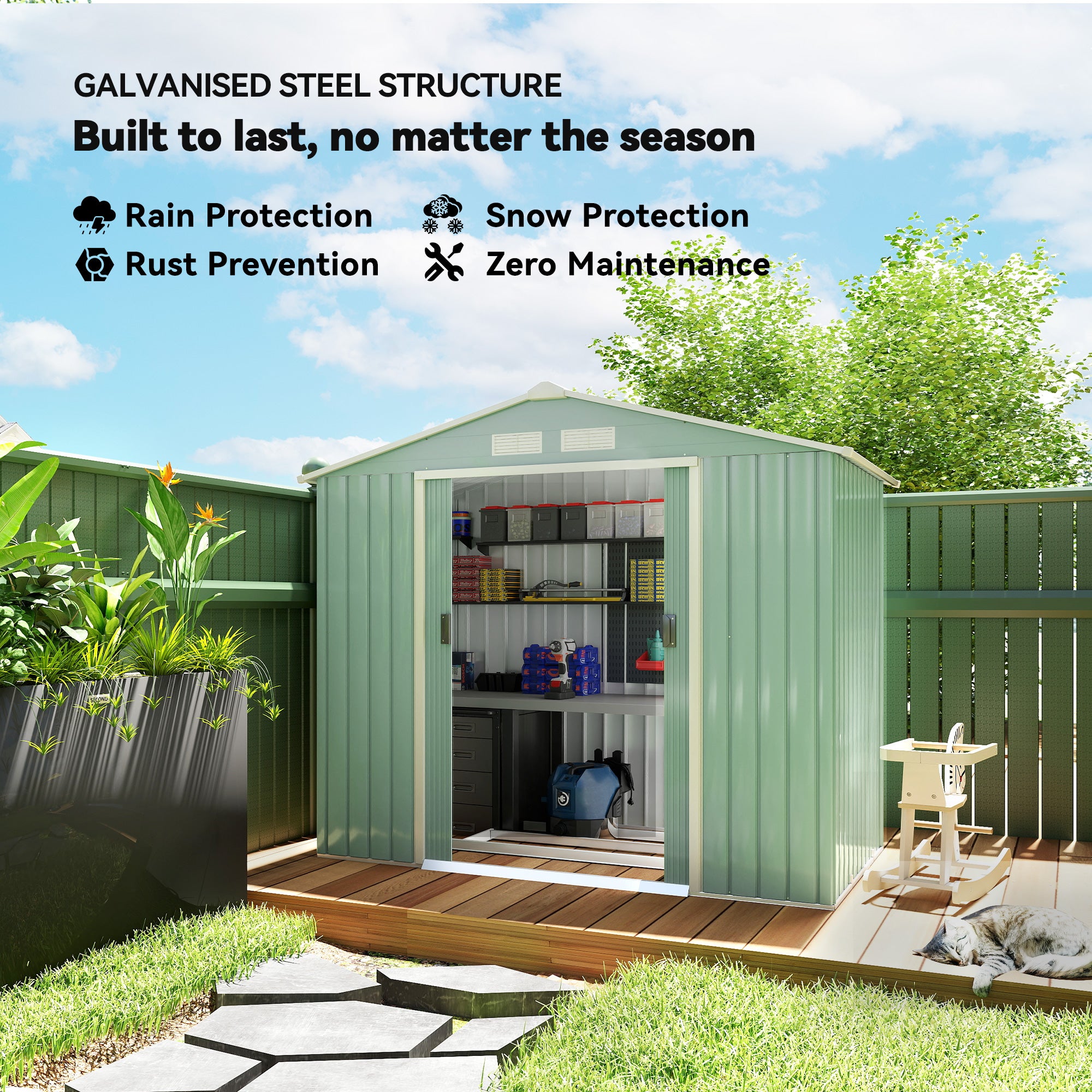 7' x 4' x 6' Garden Storage Shed Outdoor Patio Metal Tool Storage House w/ Foundation Kit and Double Doors Light Green