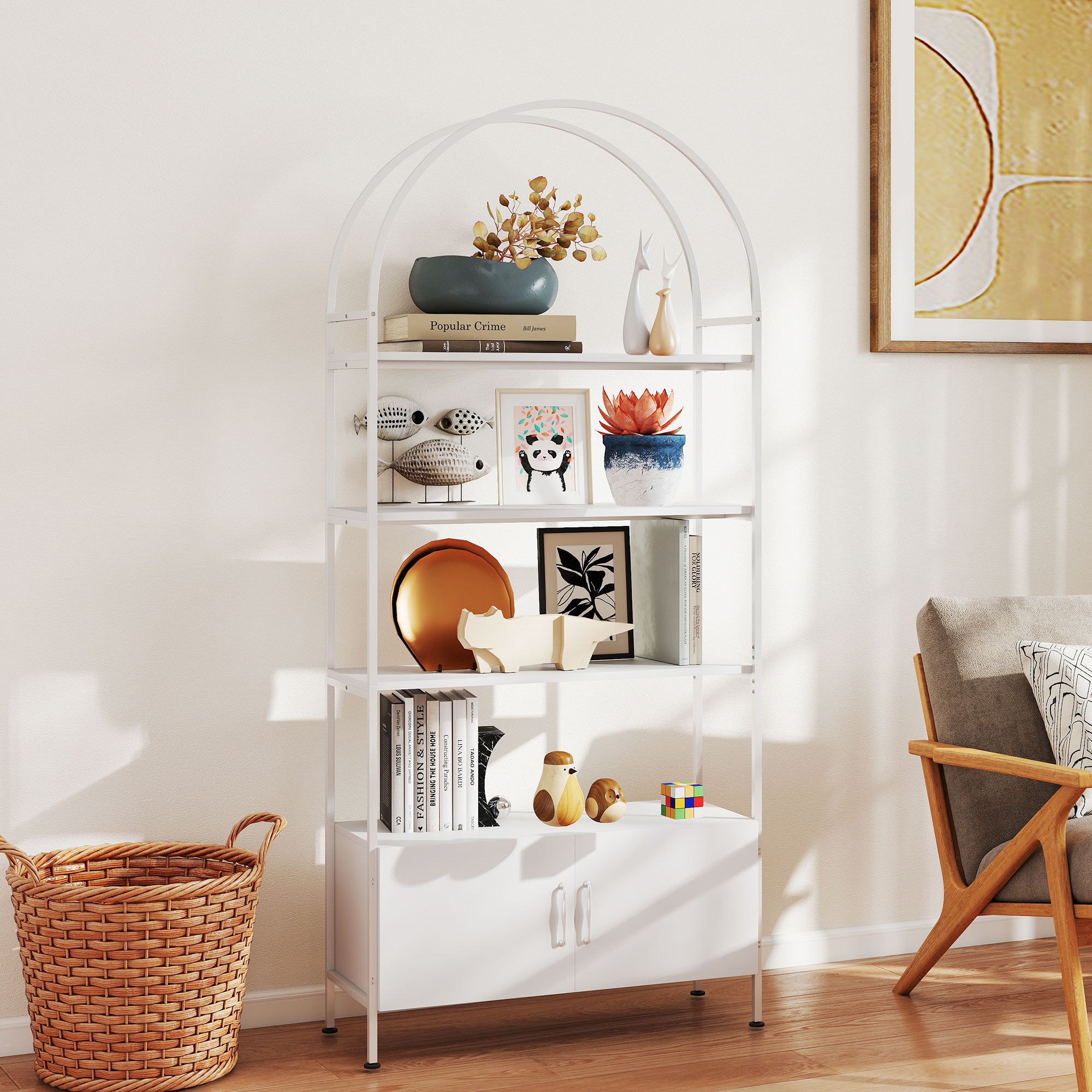 4-Tier Arched Shelving Unit with Cabinet, Bookshelf for Living Room, Office, 31.5" x 11.8" x 73.6", White