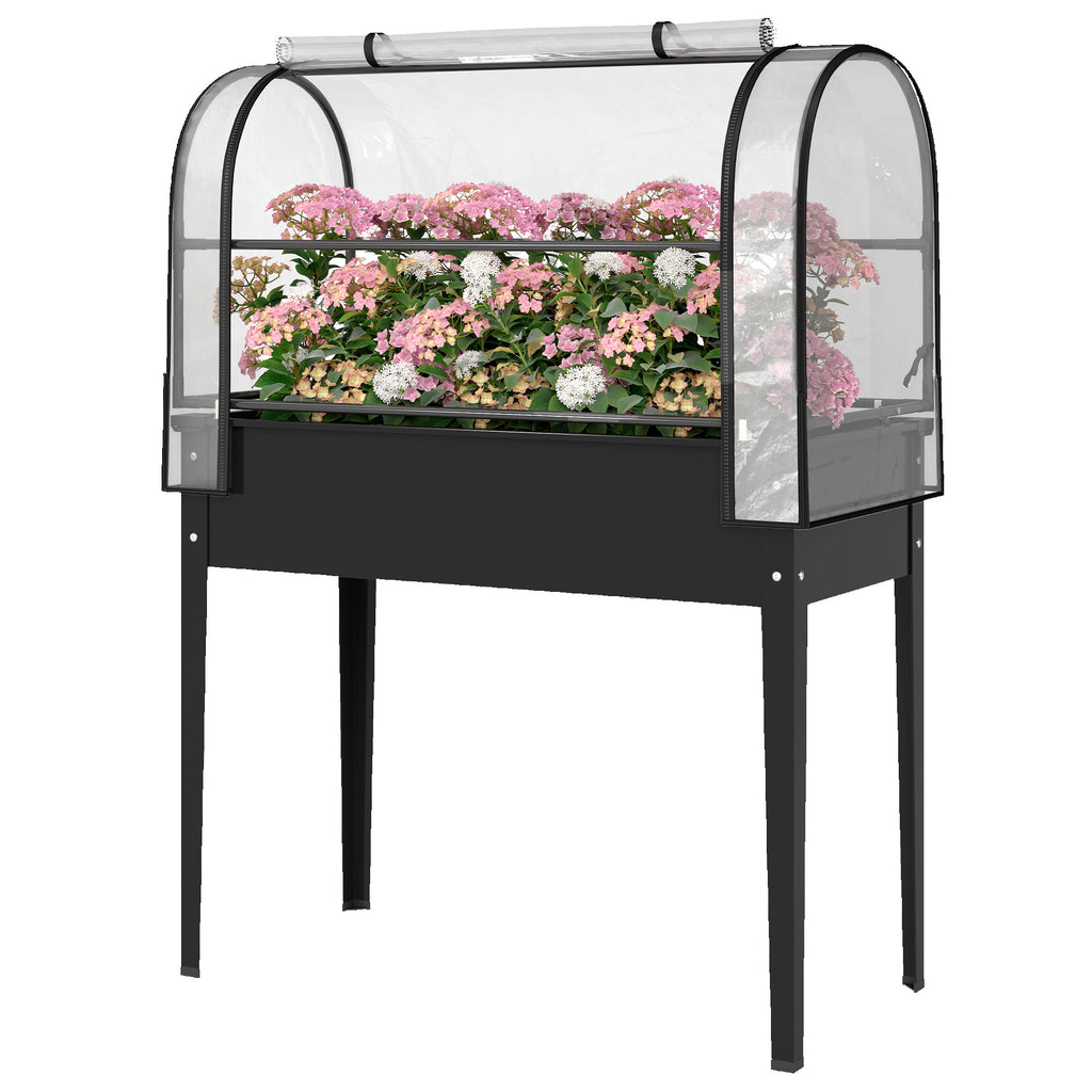 Raised Garden Bed with Flip-Up Greenhouse Cover, Metal Elevated Garden Bed with Legs and Drainage Hole, Black