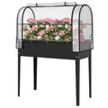 Raised Garden Bed with Flip-Up Greenhouse Cover, Metal Elevated Garden Bed with Legs and Drainage Hole, Black