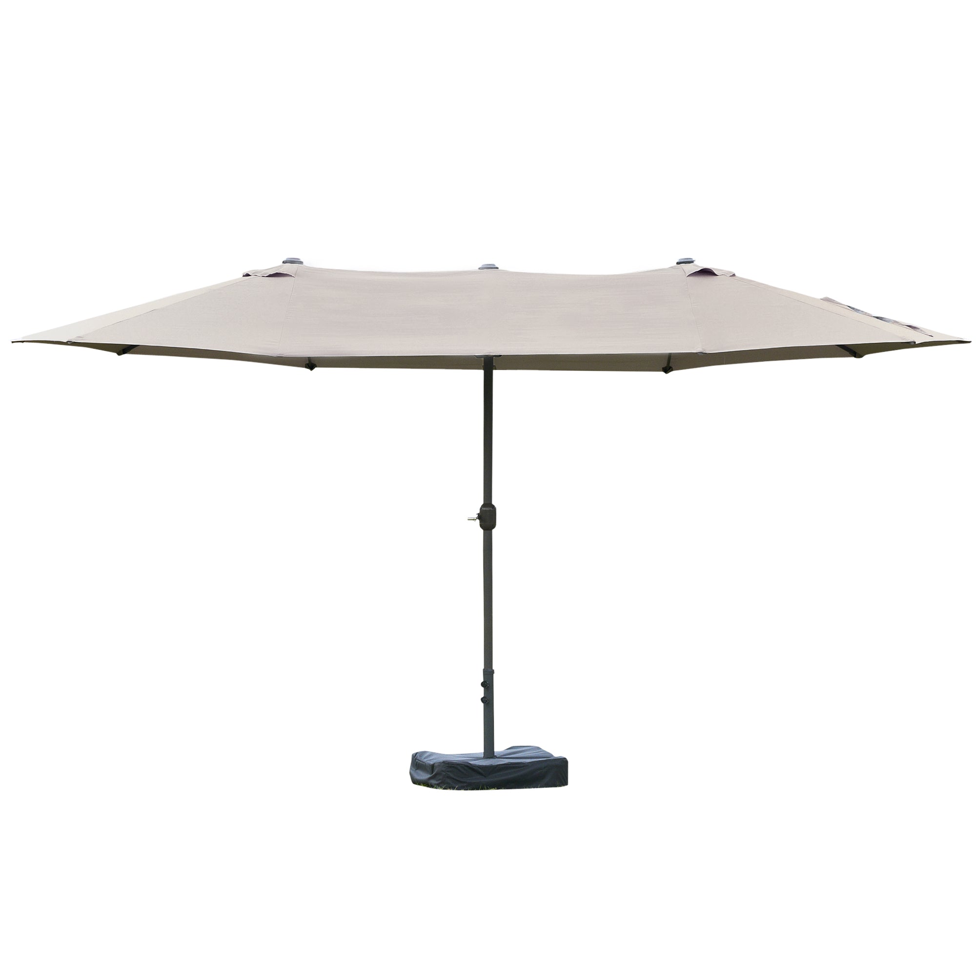 15' Outdoor Patio Umbrella with Twin Canopy Sunshade Steel Table Umbrella w/ Lift Crank, Cross base, Sandbag, Light Grey