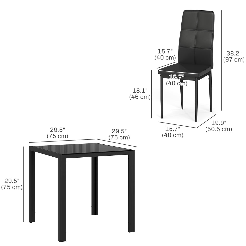 3-Piece Rectangular Glass Kitchen Table and Chairs with Metal Frame and Faux Leather Upholstery for Dining Room, Black