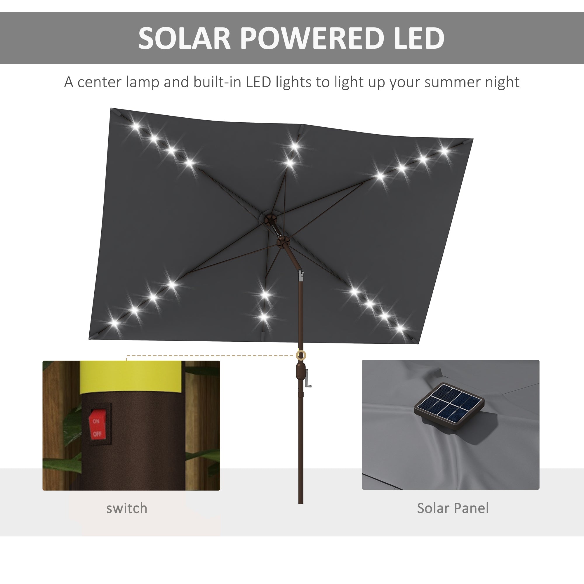 6.5x10ft Patio Umbrella Tilt Aluminum Outdoor Market Parasol with Solar Powered LEDs, Crank - Dark Grey
