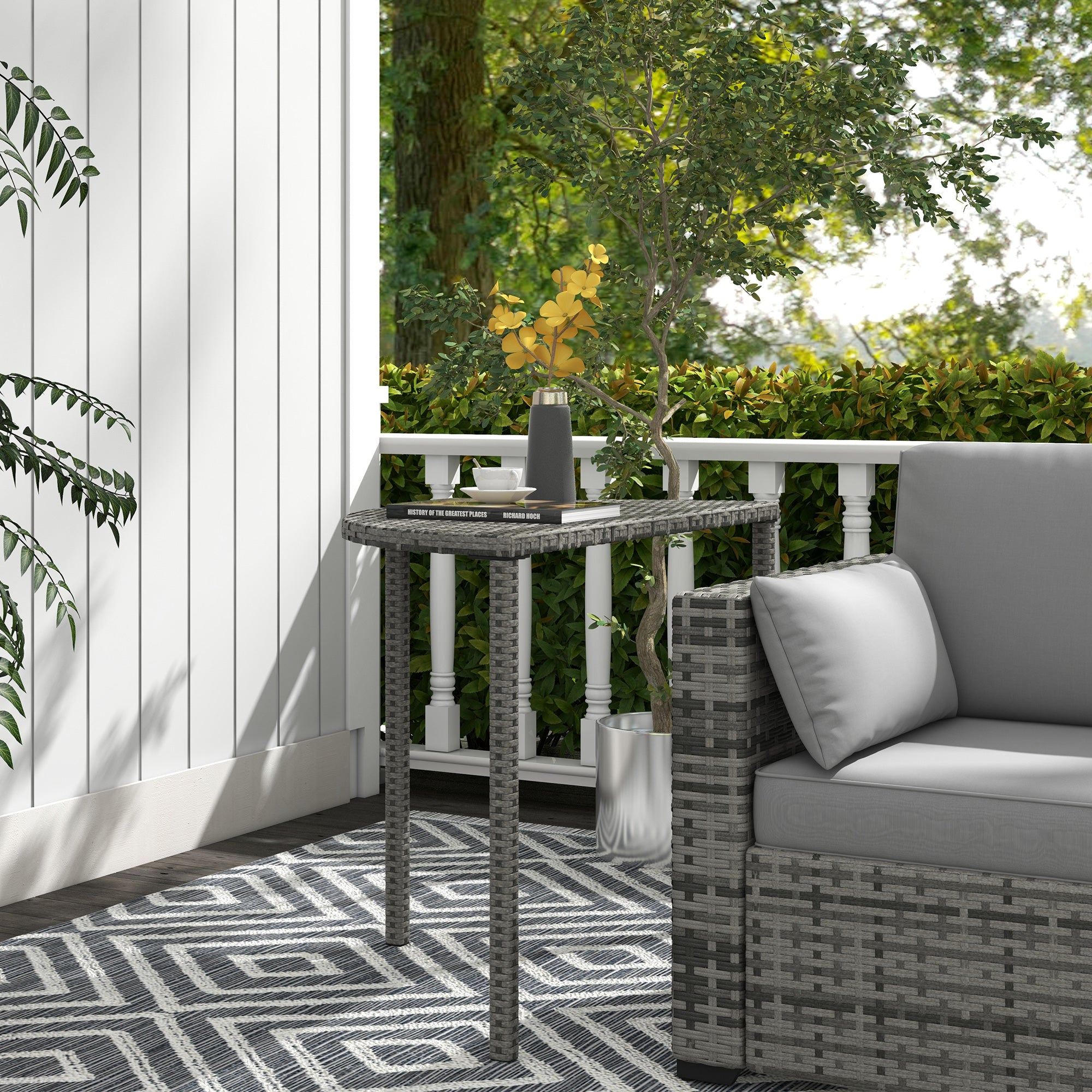 Half Round Side Table, PE Rattan Coffee Table with Metal Frame for Patio, Garden, Balcony, Grey