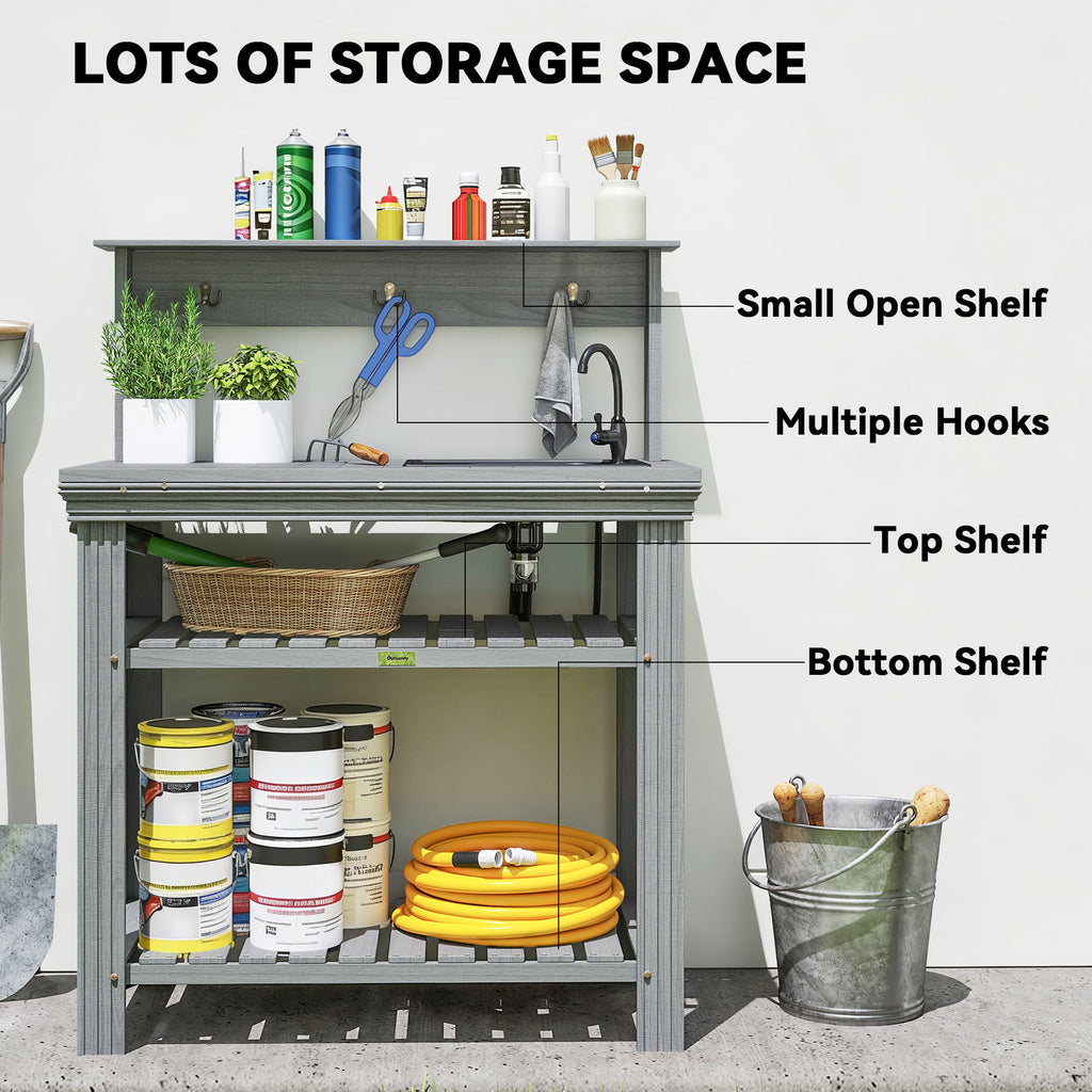 Outdoor Potting Bench Table with Faucet, Removable Sink, Hooks and Storage Shelves, Wood Work Bench Workstation, Grey