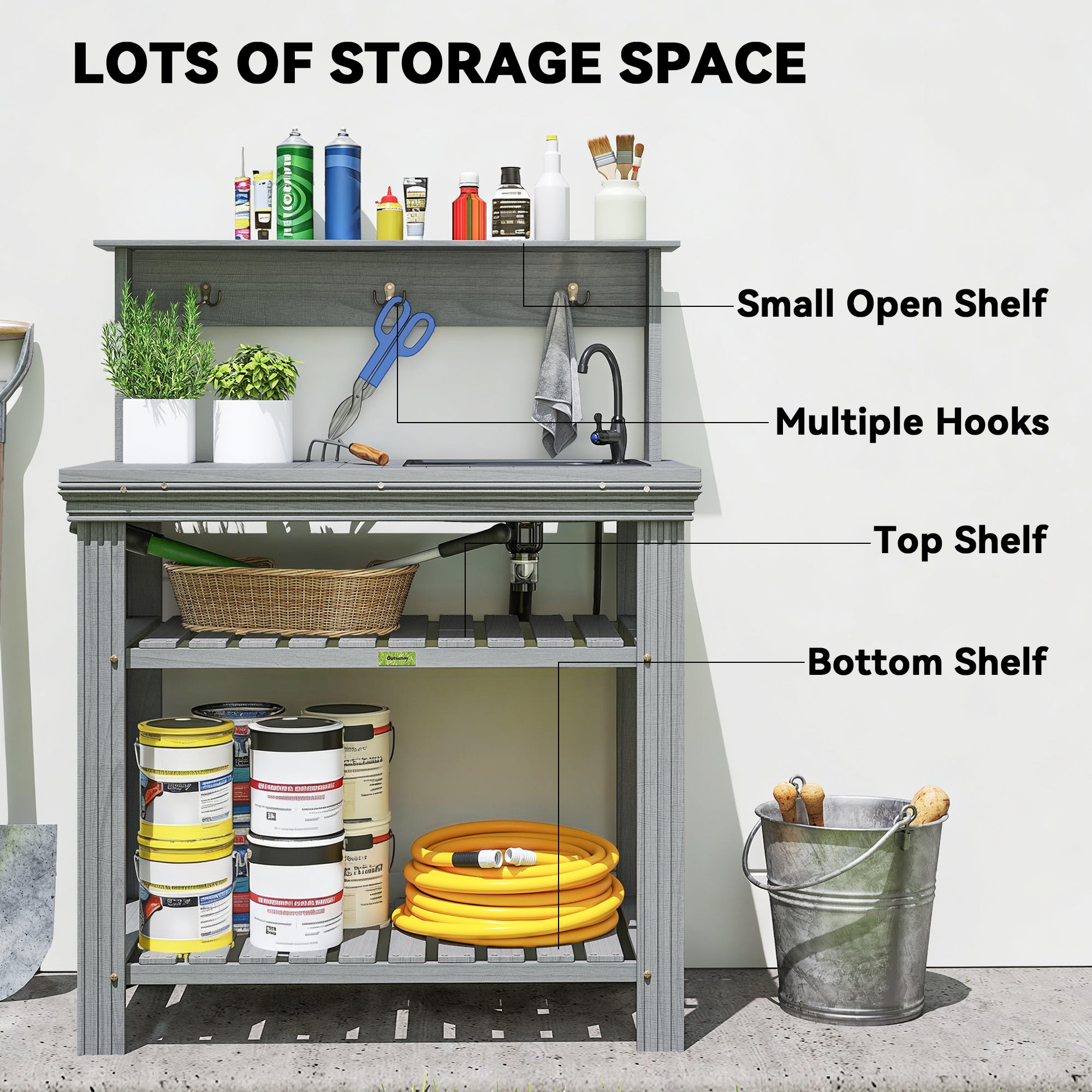 Outdoor Potting Bench Table with Faucet, Removable Sink, Hooks and Storage Shelves, Wood Work Bench Workstation, Grey