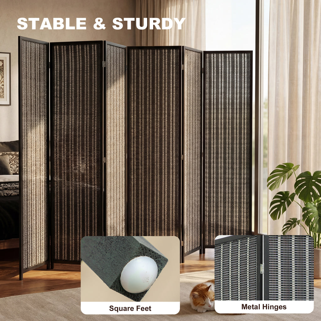 Folding Privacy Screen, 6 Panel Room Divider, Freestanding Partition with Handwoven Bamboo and Pine Wood Frame, Black