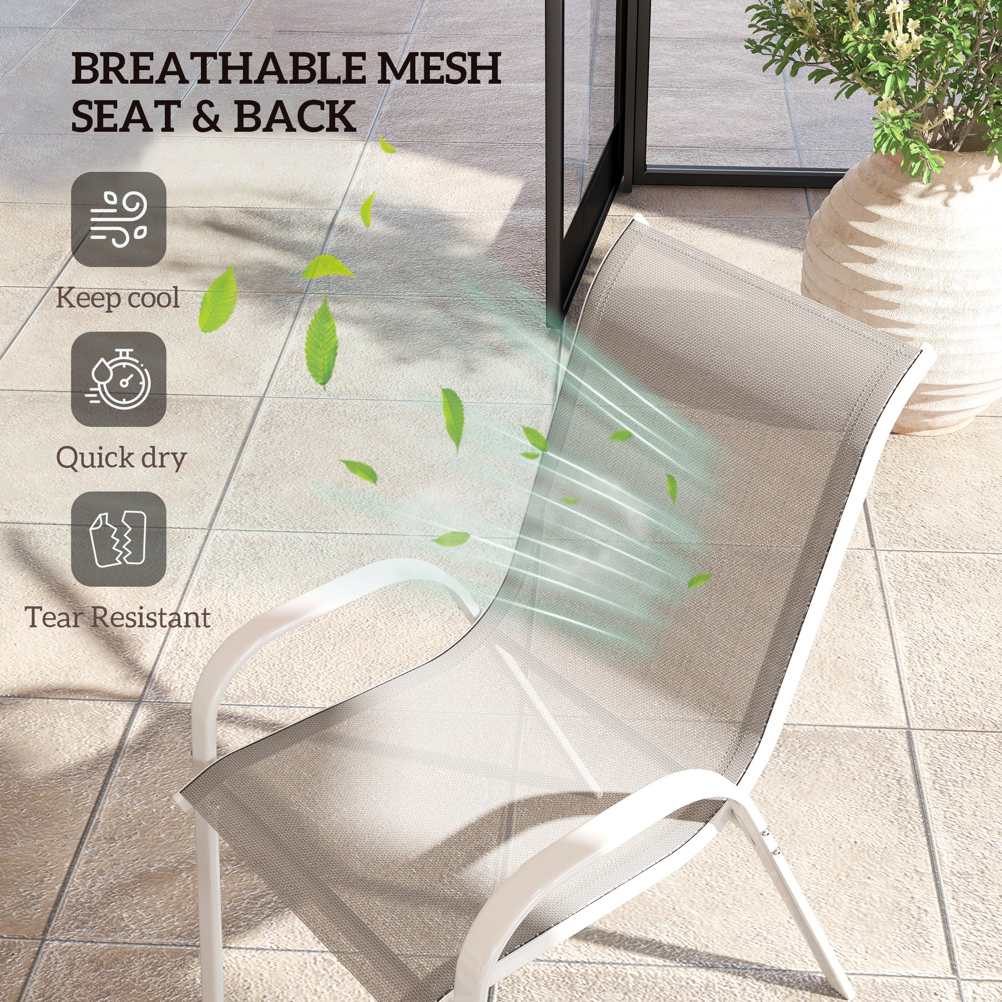 Set of 4 Outdoor Dining Chairs, Stackable Lawn Chairs with High Back, Breathable Mesh Seat for Garden Porch, White