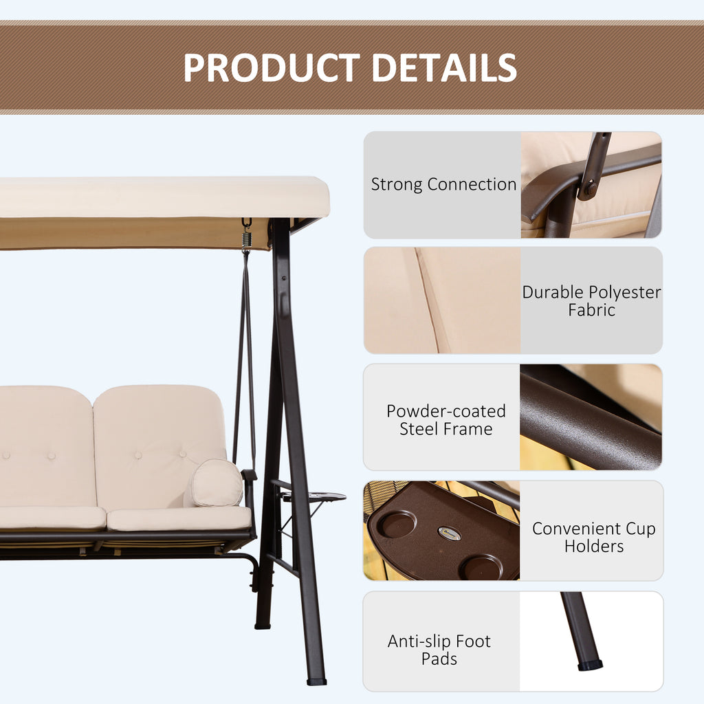 3 Seater Heavy Duty Swing Chair Outdoor Lounge Hammock Cushioned Seat W/ Tilt Canopy, Beige