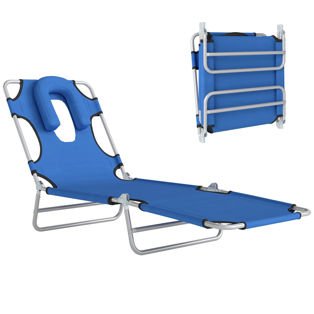 Folding Lounge Chair Outdoor, Tanning Chair with Face Hole Arm Slots, Beach Chaise Lounger with Pillow, 5-Position Adjustable Portable Sun Lounger Bed for Pool, Blue