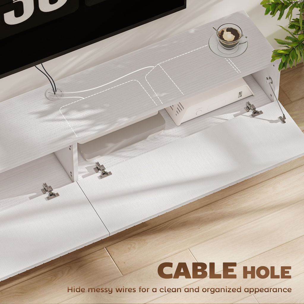55" Floating TV Stand for TVs up to 72 Inch, Wall Mount Media Console with 2 Fluted Flip-Down Doors, Cable Hole, White