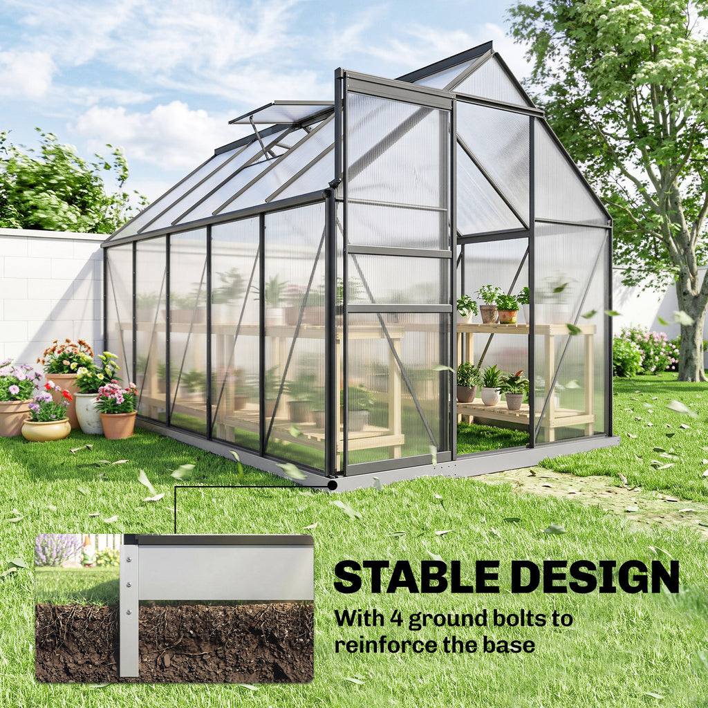 6' x 12' x 6.5' Polycarbonate Greenhouse, Walk-in Green House with Aluminum Frame Adjustable Roof Vent Galvanized Base Sliding Door Rain Gutter for Outdoor Garden, Grey