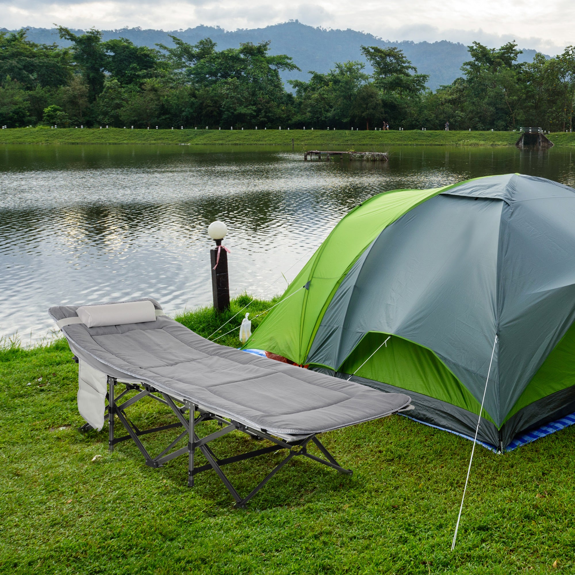 Folding Camping Cot with Mat & Pillow, Double Layer Oxford Heavy Duty Sleeping Cot with Carry Bag Light Grey