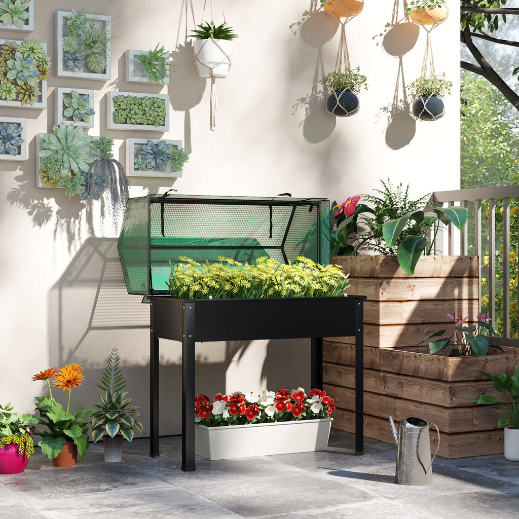 Raised Garden Bed Planter with PE Greenhouse Cover, Elevated Garden Bed Box with Drainage Hole for Flowers, Black