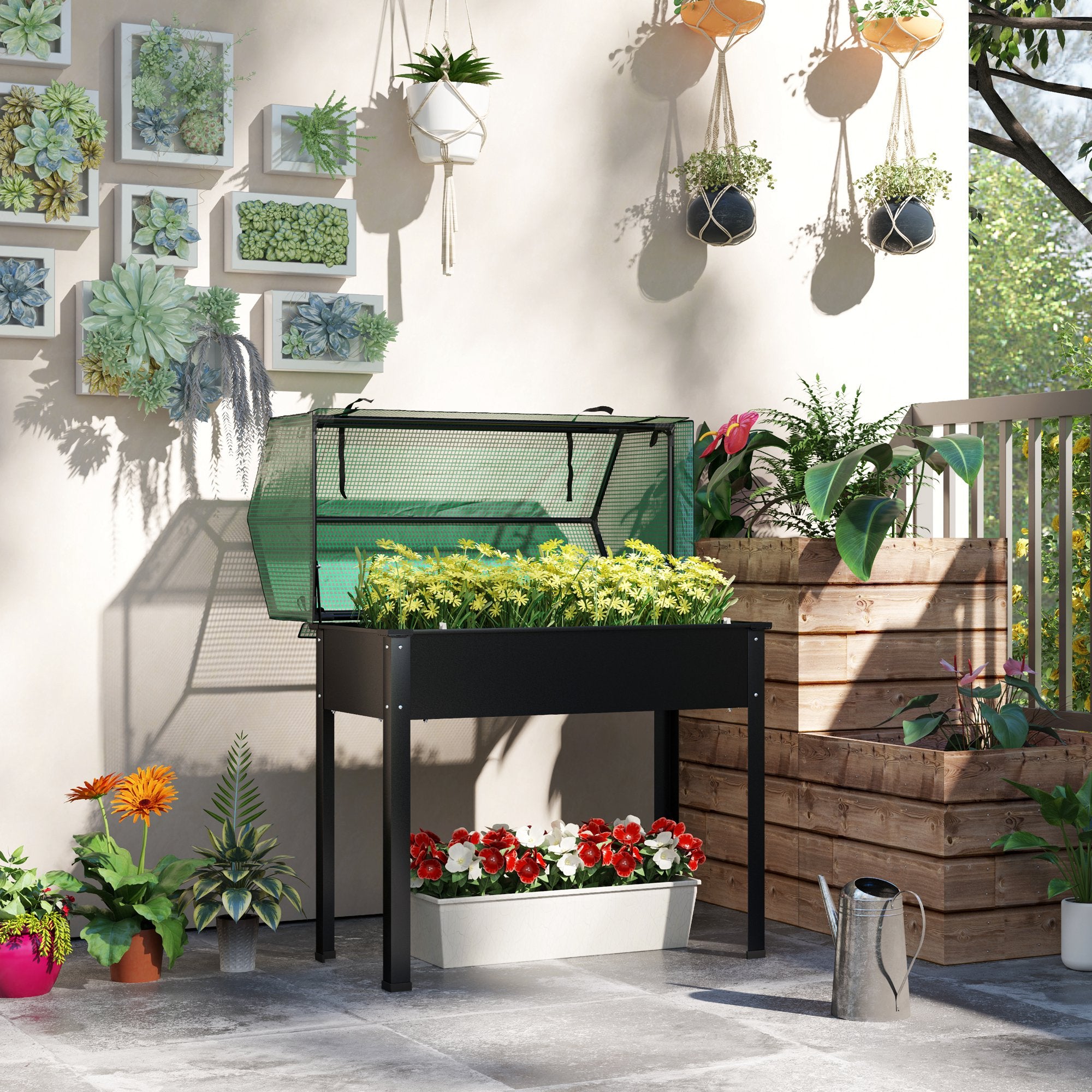 Raised Garden Bed Planter with PE Greenhouse Cover, Elevated Garden Bed Box with Drainage Hole for Flowers, Black