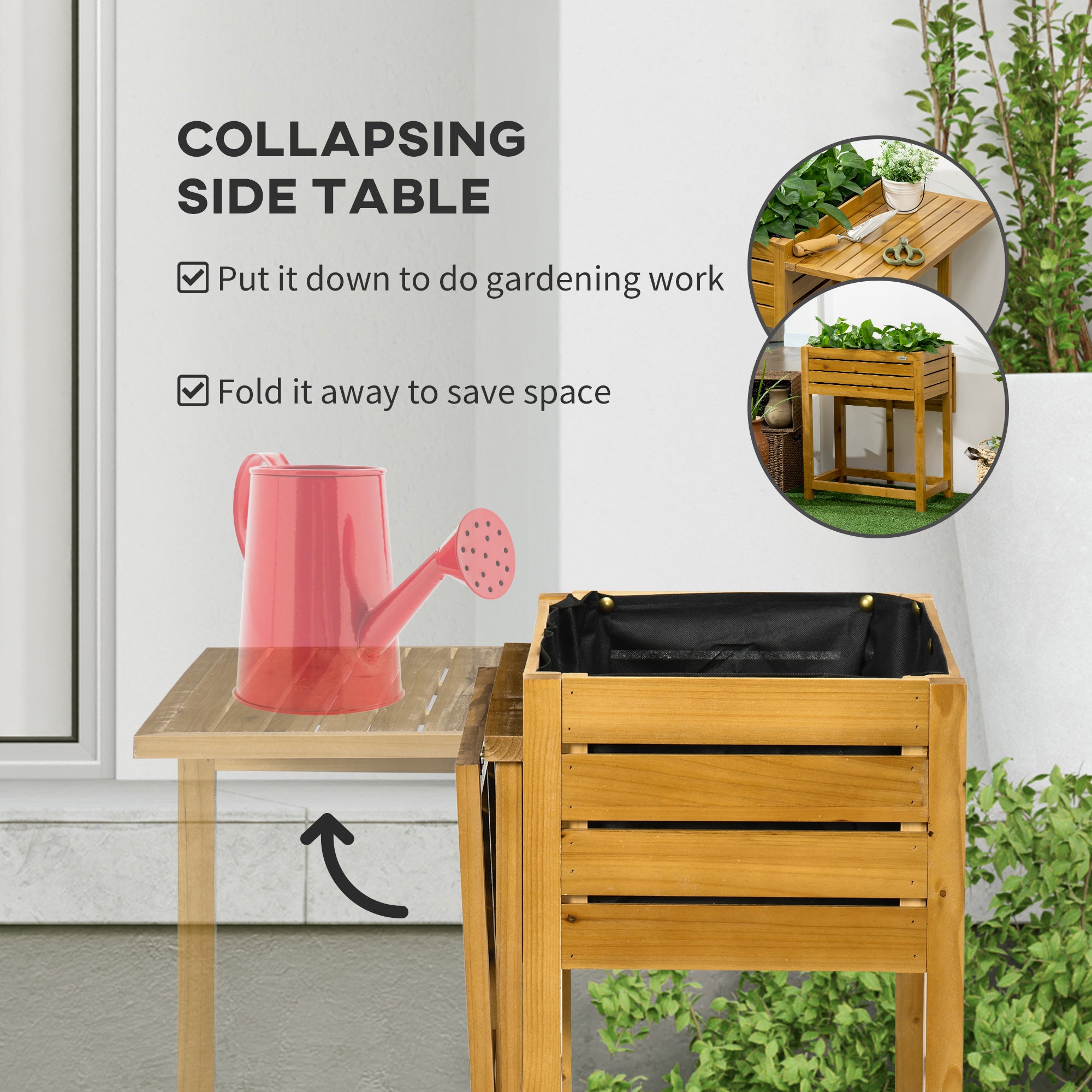 Raised Garden Bed with Folding Side Table, Elevated Wood Planter Box for Flowers and Vegetables, Use for Patio, Balcony