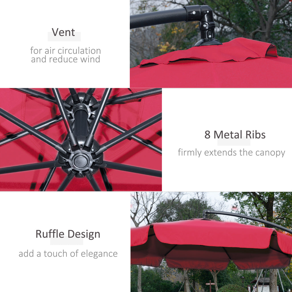 9FT Offset Hanging Patio Umbrella Cantilever Umbrella with Easy Tilt Adjustment, Cross Base and 8 Ribs for Backyard, Poolside, Lawn and Garden, Red