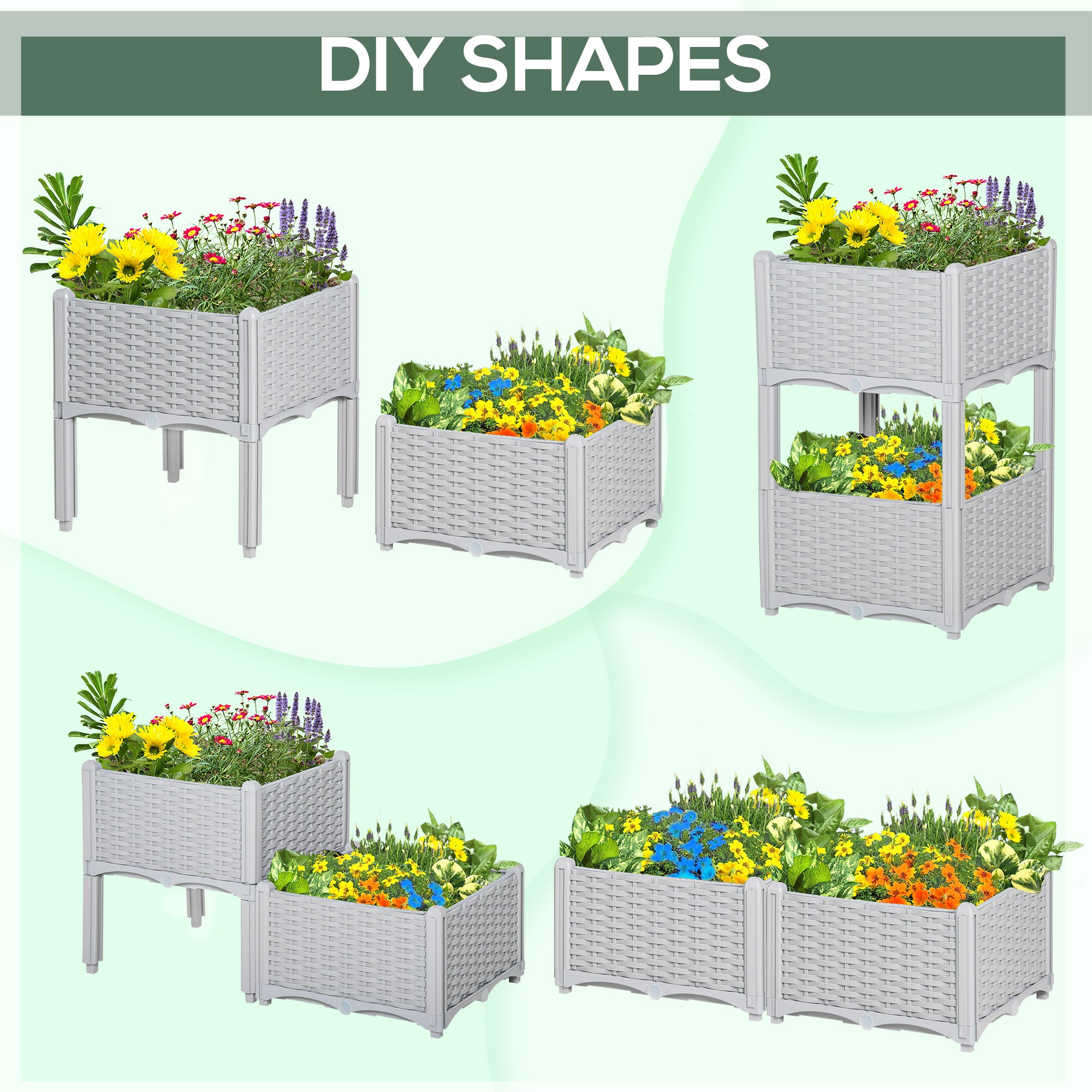 2 Piece Raised Garden Bed PP Raised Flower Bed Vegetable Herb Grow Box Stand Light Grey