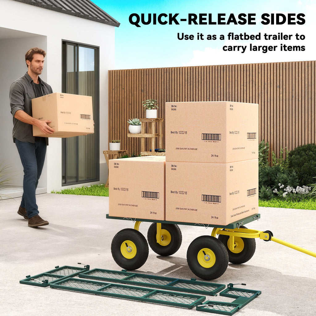 Garden Cart, Utility Wagon Cart with Removable Sides, Convert into Flatbed, 10" Wheels, 180Â° Rotating Handle, Green