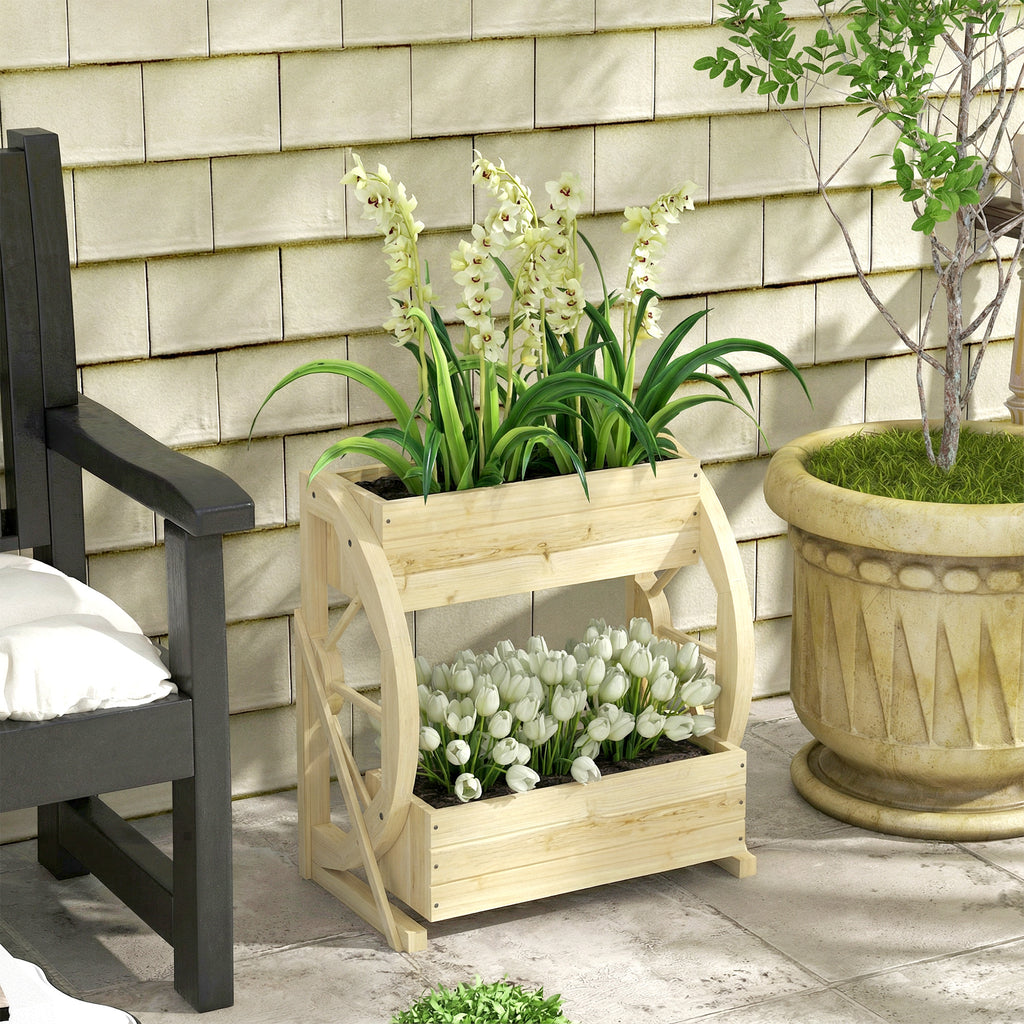 Wooden Wagon Planter Box, 2-Tier Raised Garden Bed, for Vegetables Flowers Herbs, Natural